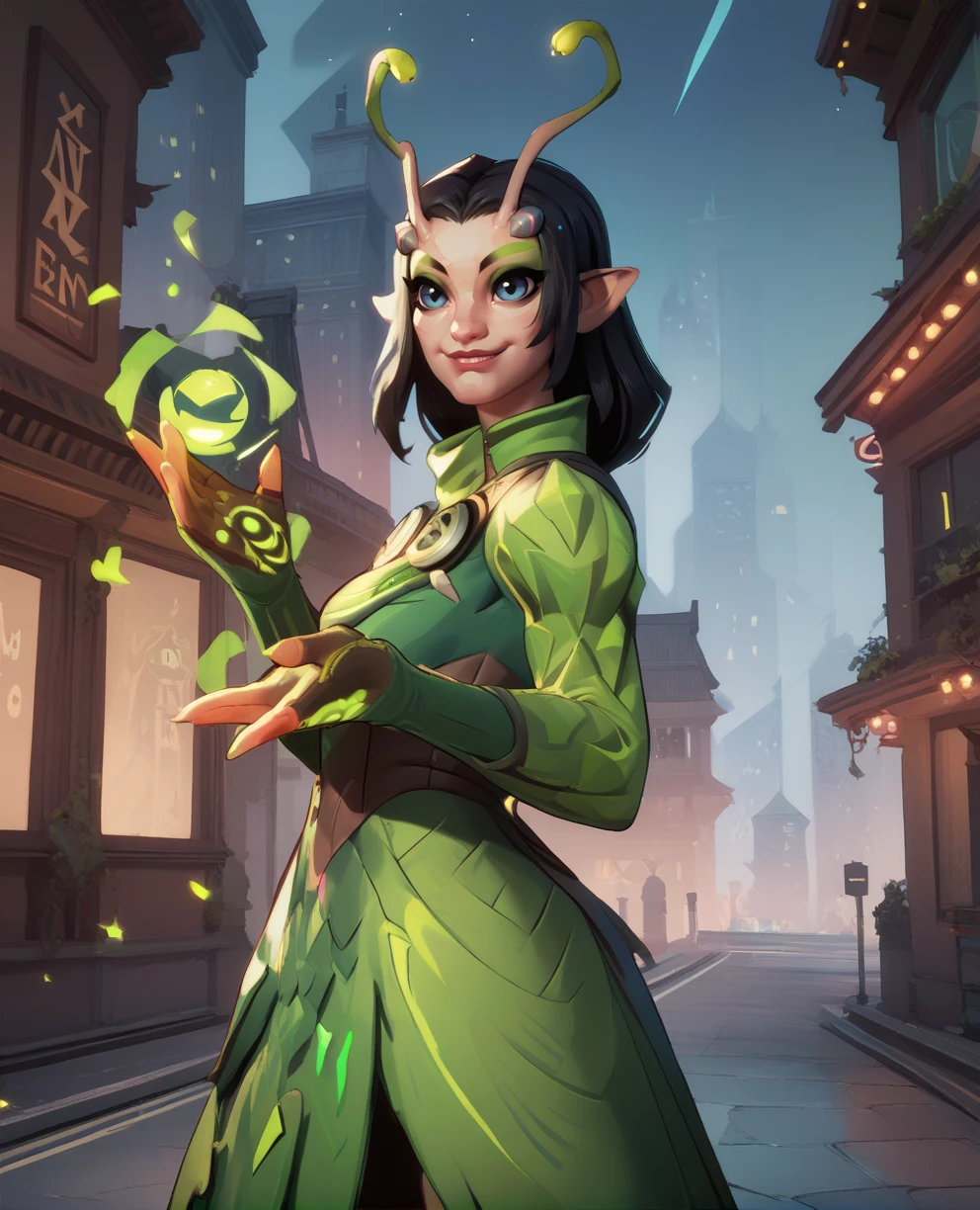 score_9,score_8_up,score_7_up,score_6_up,score_5_up,score_4_up,
mntismr,blue eyes,black hair,antennae,
green dress,long sleeves,gloves,
smile,green magic,
night,city,
<lora:MantisMR:0.9>,