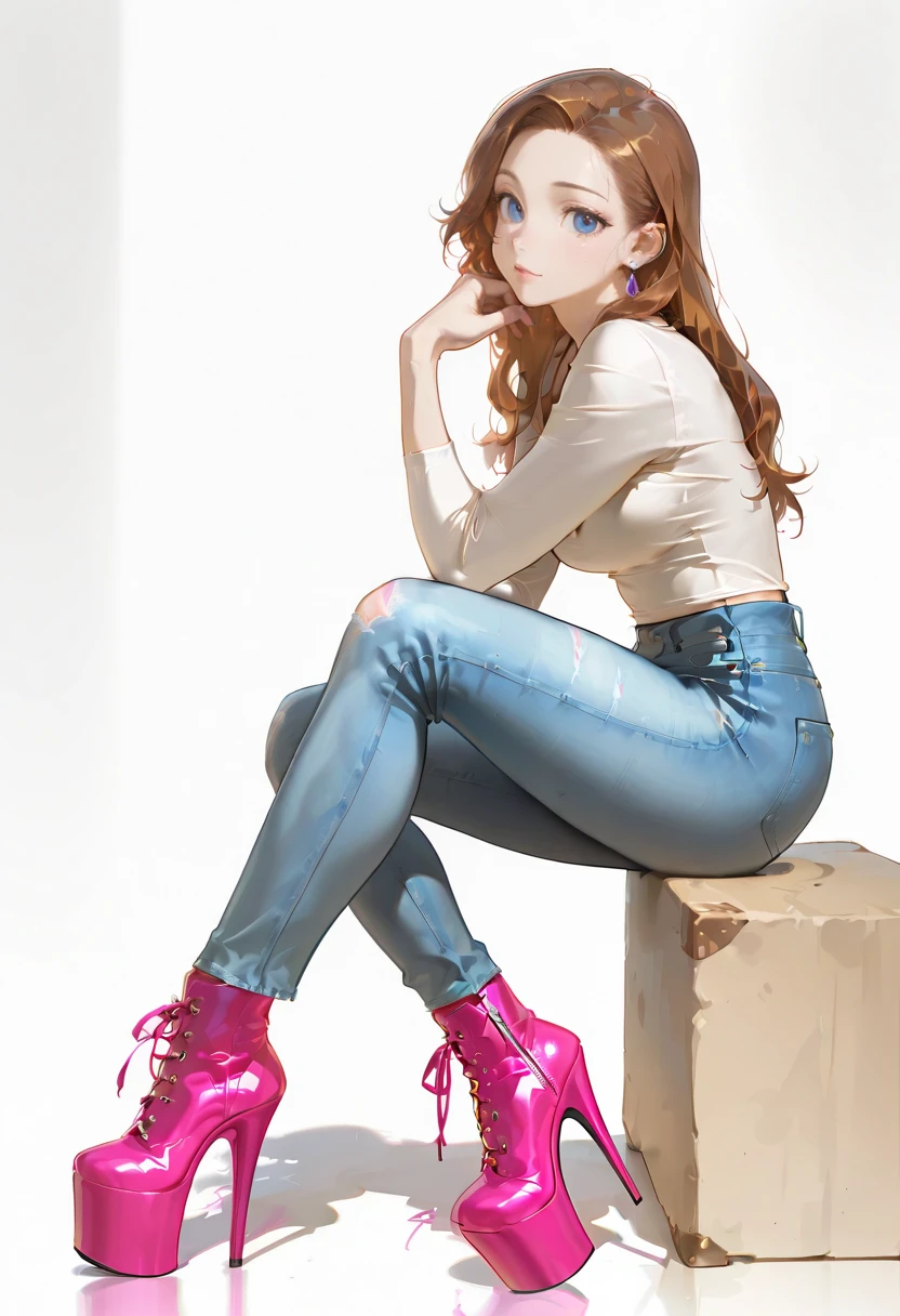 pu highheels, high heels, pink footwear, full body, 1girl, solo, sitting, jeans,