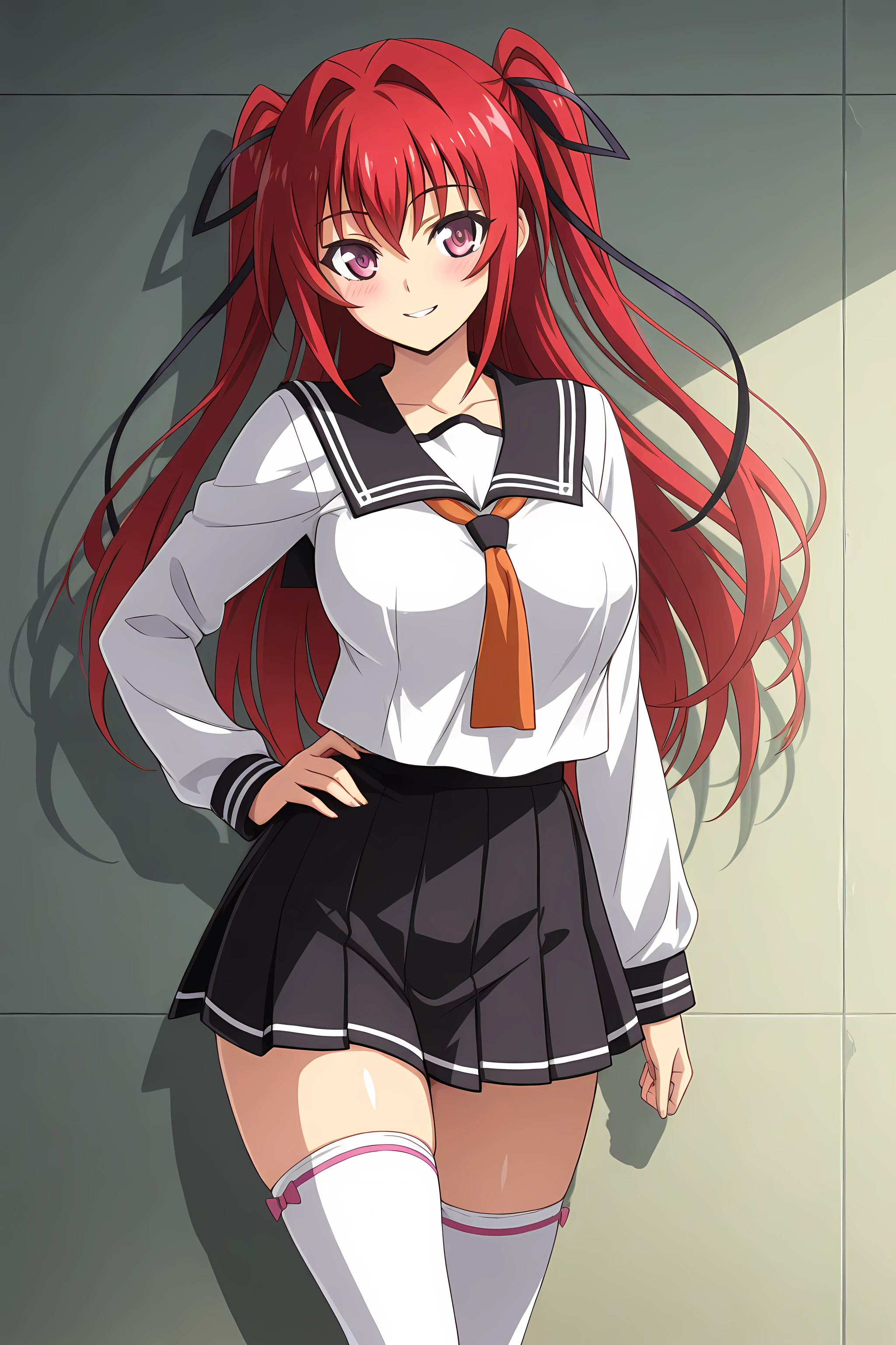 naruse_mio, 1girl, solo, long hair, hair ribbon, red hair, ribbon, school uniform, blush, dark alleyway background, darker lighting, hand on hip, black ribbon, two side up, hair intakes, leaning on the wall, looking at viewer, long sleeves, skirt, sailor collar, bangs, closed mouth, serafuku, shirt, floating hair, orange necktie, black skirt, zettai ryouiki,  pleated skirt, white thighhigh, cowboy shot,  anime coloring, seductive smile, parted lip <lora:Naruse_Mio:1>, (masterpiece),(best quality),(ultra-detailed),(best illustration),(best shadow),(absurdres),(detailed background),(very aesthetic),