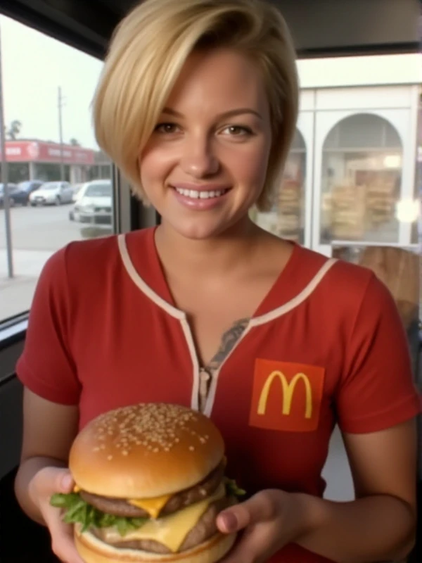 belladonna,  a woman with short blond hair. She wears a mcdonalds uniform and serves burgers in a mcdonalds<lora:Belladonna-step00001000:0.9>