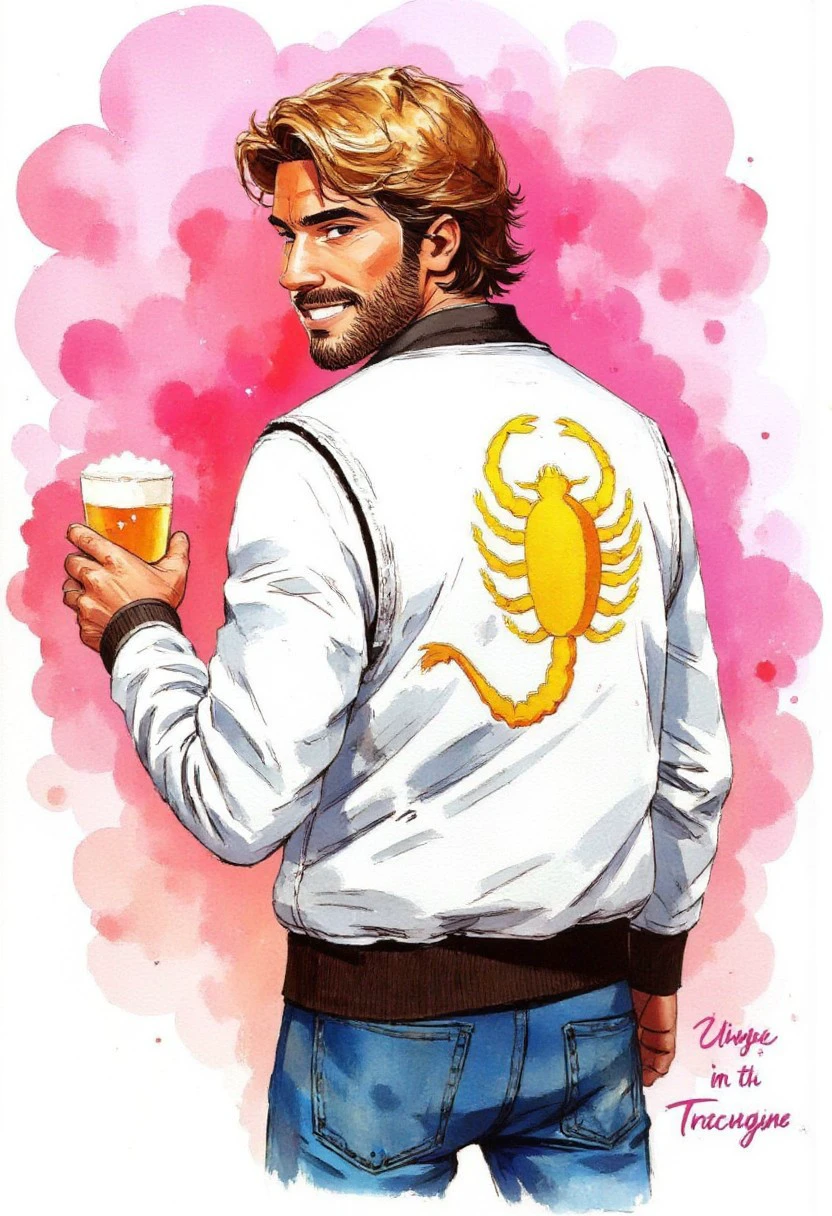 cool guy with a medium long beard and hipster hair,wearing a white bomberjacket with a golden scorpion. He is holding a beer. Background of pink clouds, he is smiling and turned to the viewer.watercolor painting, literallyme