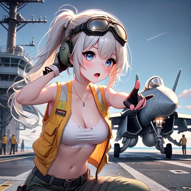 aircraft carrier, catapult officer, pointing forward, solo, 1girl, open mouth, cleavage, medium breasts, pants, vest, helmet, gloves, leaning forward, goggles on head, ship deck, control tower, from side, cloudy sky, sky, sea, ocean, simple background, <lora:girllikeaircraftcarrier:0.7>