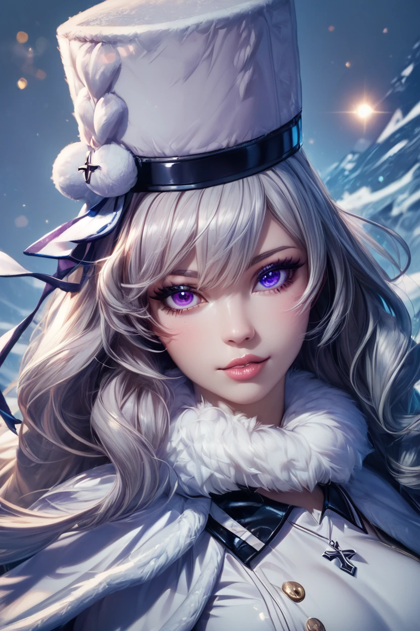 score_9, score_8_up, score_8, medium breasts, (curvy), cute, eyelashes, ,,, , ,,, zzMurmansk, long hair, purple eyes, heterochromia, blue eyes, bangs, grey hair, hat, white headwear, cross necklace, fur-trimmed dress, white dress, papakha, black pantyhose, long sleeves, black belt, white coat, capelet, winter coat, <lora:Murmansk_Azurlane_PDXL:1.0>, ,,,, BREAK, (ultra realistic,32k, masterpiece:1.2),(high detailed skin:1.1),( high quality:1.1), head tilt, lips, closed mouth, shiny clothes, (upper body), looking at viewer, bokeh, luminescent background, ,,, embedding:zPDXL, Expressiveh, ,,, <lora:RlAnmPDXL:1.0>,