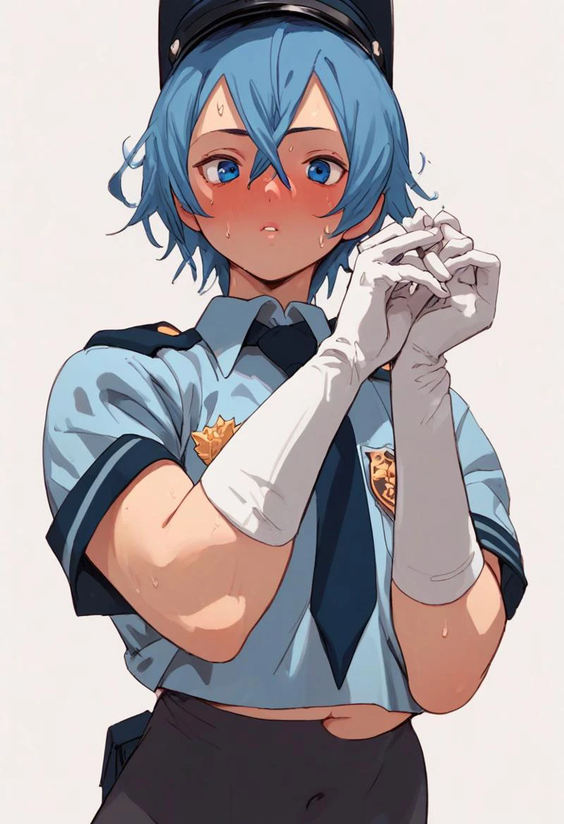 score_9, score_8_up, score_7_up, score_6_up, score_5_up, score_4_up, police uniform,
parted lips, sweat, white gloves, blue hair, looking at viewer, blush, white background, simple background, short hair, portrait, upper body, hair between eyes, covered navel, 1girl, elbow gloves, solo, blue eyes, headgear,