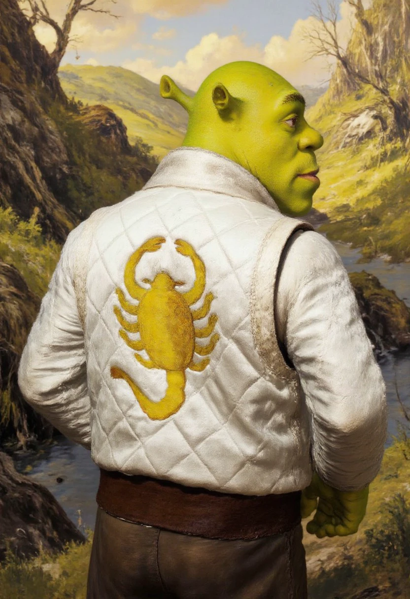 oil painting of Shrek with wearing a white bomberjacket with a golden scorpion. Looking over his shoulder,sideview, visible brushstrokes, atmospheric haze, low key, moody lighting,watercolors,DB4RZ, DB4RZ style painting, literallyme