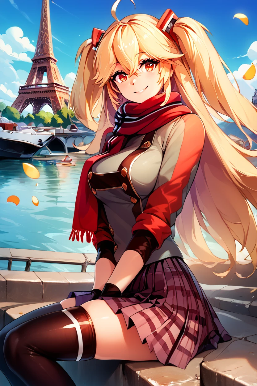 score_9, score_8_up, score_8, medium breasts, (curvy), cute, eyelashes,       ,,, , ,,, zzBlucher, red eyes, hair between eyes, ahoge, blonde hair, hair ornament, long hair, twintails, two side up, scarf, gloves, large breasts, red scarf, black gloves, plaid skirt, grey shirt, double-breasted, pleated skirt, black thighhighs, miniskirt,  <lora:Blucher_Azurlane_PDXL:1.0>,  ,,,, BREAK, zzEiffelTower in background, sitting, watercraft, boat, sitting on wall, side view, looking at viewer, smile, ,,, BREAK, blooming stars, luminescent petals, otherworldly fragrance blurry background, ,,, embedding:zPDXL, Expressiveh, ,,, <lora:EiffelTowerPDXL:1.0>, <lora:CatalystStylePDXL:0.6>, <lora:SDXLFaeTastic2400:0.5>, <lora:Expressive_H-000001:0.4>,