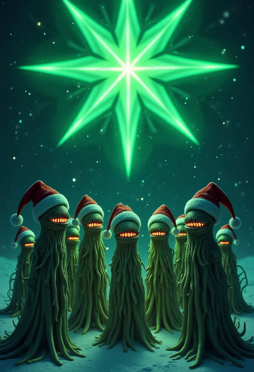 CthulhuChristmas A choir of Shoggoths wearing Santa hats, their amorphous forms glowing under the eerie light of an enormous green star in a snow-covered field. Their mouths sing Christmas carols in languages not meant for human ears, as snowflakes fall in impossible fractal patterns. Style: haunting and atmospheric, like an ancient illuminated manuscript of forbidden knowledge.