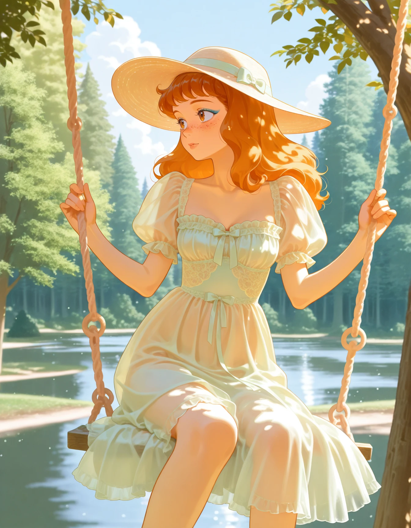 1girl, solo, contrapposto, looking away, daphne ann blake, freckles, eyeliner,  on a swing, tree, forest,lake, clouds, bluejay <lora:CCF-ILXL42:0.9>  c0tt4g3, bows, lace, frills, dress, pastel colors, see-through, sun hat, puffy short sleeves, dappled sunlight