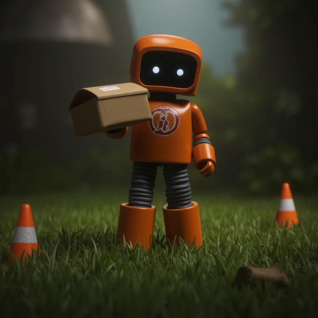 Hyperrealistic art of <lora:3D rendering Love, Death & Robots v1:0.9>
In 3D rendering style, a dark themed image of a small orange robot with a small box in its hand, solo, holding, standing, no humans, grass, robot, mecha, science fiction, humanoid robot, LoDe+Robots Style, Love Death + Robots style, Love, Death & Robots style, animated, horror, dark, black, apocalyptic, dystopian, domination, dramatic light, cyberpunk, LoDe+Ro style, outdoors, blurry, blurry background, helmet, traffic cone, Extremely high-resolution details, photographic, realism pushed to extreme, fine texture, incredibly lifelike