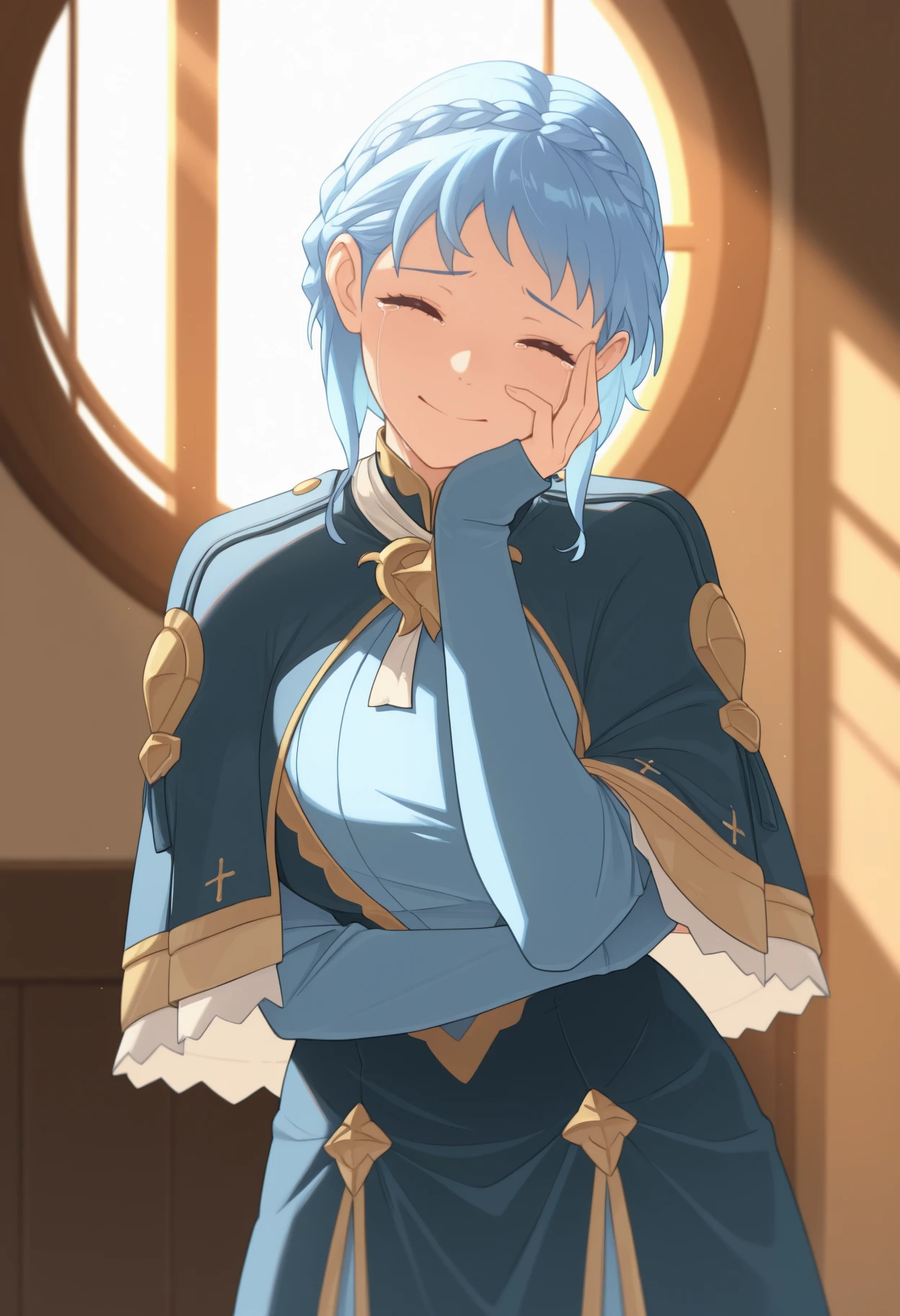 masterpiece, best quality, solo, 1girl, mrnetimeskip, happy, looking at viewer, standing, hand on own cheek, short hair, blue hair, crown braid, closed eyes, tears, blue capelet, cross tie, jewelry, blue dress, long sleeves, sleeves past wrists, indoors, round window, sunlight
<segment:yolo-Anzhc Face seg 640 v2 y8n.pt,0.4,0.5//cid=1>