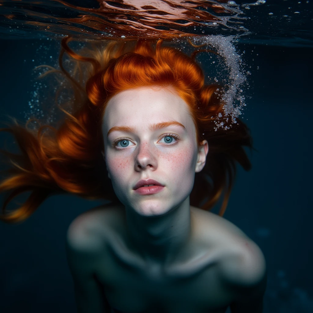 UHD, 4k, ultra detailed, cinematic, a photograph of  <lora:Underwater v1:0.8>
In the deep blue underwater a woman with red hair is under water, 1girl, solo, long hair, looking at viewer, blue eyes, red hair, parted lips, water, lips, eyelashes, portrait, freckles, bubble, underwater, air bubble, submerged, realistic, realism, photorealism, hyperrealism, hyperrealistic, realistic, sharp, detailed, documentary style, film light style, movie still, photography, artistic, perfection, contrast, cinematic, filmic, high quality photo, 8k quality, colorful, different animals, national geographic style, different creatures, different color, underwater style, orange hair, floating hair, epic, beautiful lighting, inpsiring