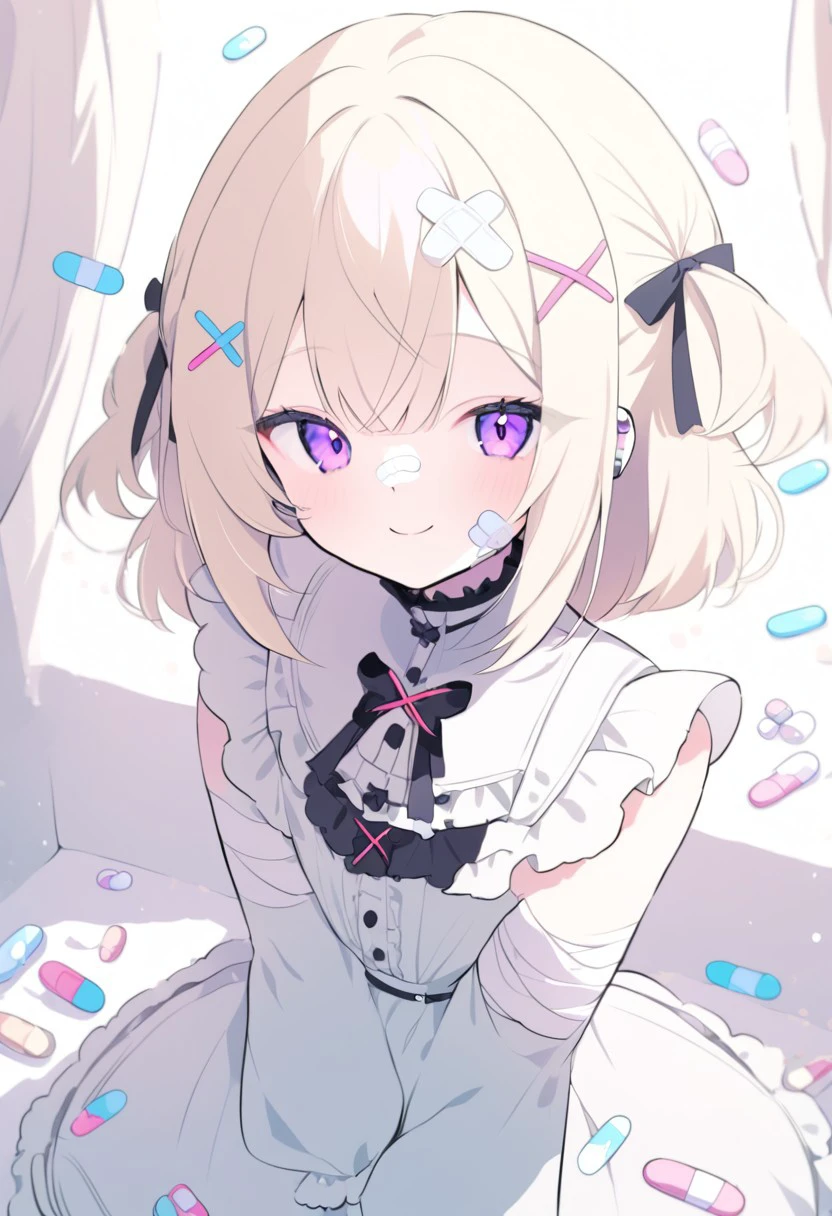 masterpiece, yamikawaii, solo, bandaid, bandages, x hair ornament, 1girl, pills, smile, (frills:0.8)