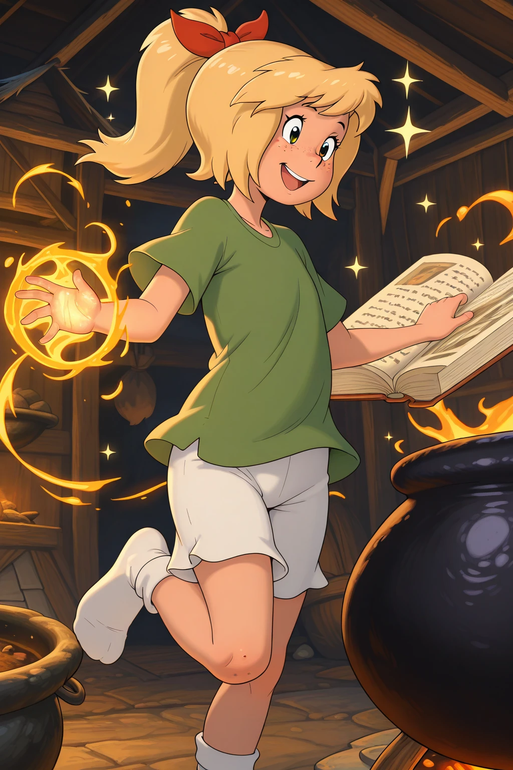 masterpiece, best quality, amazing quality, absurdres, solo, bibi blocksberg, smile, open mouth, happy, blonde hair, red ribbon, freckles, high ponytail, green shirt, white shorts, white socks, inside, hut, cauldron, boiling, casting spell, sparkle, big book