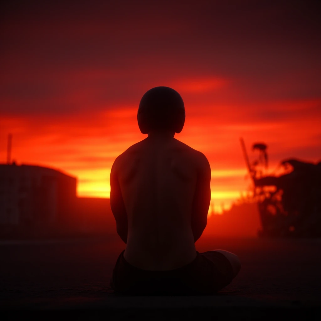 UHD, 4k, ultra detailed, cinematic, a photograph of <lora:3D rendering Love, Death & Robots v1:0.9>
In 3D rendering style, a dark themed image of a silhouetted man standing in front of a sunset, solo, 1boy, sitting, male focus, outdoors, sky, cloud, from behind, ground vehicle, building, scenery, lens flare, sunset, sun, silhouette, power lines, bicycle, LoDe+Robots Style, Love Death + Robots style, Love, Death & Robots style, animated, horror, dark, black, apocalyptic, dystopian, domination, orange sunset, red orange sunset, dramatic light, cyberpunk, LoDe+Ro style, no humans, helmet, red sky, cinematic sunset style, nude, curtains, short hair, pants, muscular, muscular male, epic, beautiful lighting, inpsiring