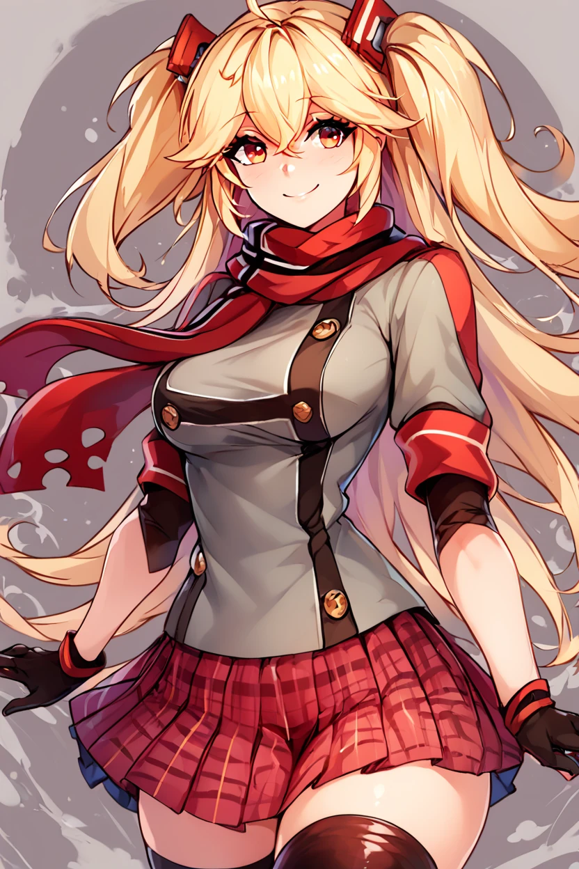 score_9, score_8_up, score_8, medium breasts, (curvy), cute, eyelashes,       ,,, , ,,, zzBlucher, red eyes, hair between eyes, ahoge, blonde hair, hair ornament, long hair, twintails, two side up, scarf, gloves, large breasts, red scarf, black gloves, plaid skirt, grey shirt, double-breasted, pleated skirt, black thighhighs, miniskirt,  <lora:Blucher_Azurlane_PDXL:1.0>,  ,,,, BREAK, smile, looking at viewer, ,,, abstract background, white outline, cowboy shot, ,,, embedding:zPDXL, Expressiveh, ,,, <lora:CatalystStylePDXL:0.6>, <lora:SDXLFaeTastic2400:0.5>, <lora:Expressive_H-000001:0.4>,