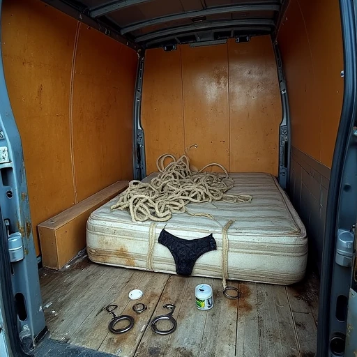 Hasselblad X2D 100C with polarizing filter, low exposure, high contrast, ISO 125, with a 50mm prime lens, Professional photo cinematic quality, Looking into a scruffy work van interior. Empty van interior, wood panelling on the inside of the side walls, dusty wooden floor, old torn and stained striped mattress on the dirty floor at an angle with large wet stain in the middle. A thin sisal rope length lies coiled on top of each corner of the mattress. A pair of black lace womens thong panties lies discarded on the floor. Four sets of handcuffs lie carelessly discarded on the floor, a small tub of vaseline is in the floor next to the open back doors, brightly lit interior of van, Looking into a scruffy work van interior. Empty van interior, wood panelling on the inside of the side walls, dusty wooden floor, old torn and stained striped mattress on the dirty floor of the van at an angle with large wet stain in the middle. A thin sisal rope length lies coiled on top of each corner of the mattress. A pair of black lace womens thong panties lies discarded on the floor. Four sets of handcuffs lie carelessly discarded on the floor, a small tub of vaseline is in the floor next to the open back doors, brightly lit interior of van