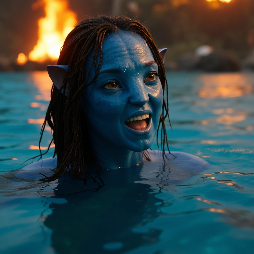 Hyperrealistic art of  <lora:2154 Avatar movie style v1:0.8>
In 2154 on planet Pandora Navi blue skin indigenous species a young woman in the water with a fire in the background, na'vi, 1girl, solo, open mouth, brown hair, black hair, brown eyes, teeth, pointy ears, water, blurry, wet, depth of field, partially submerged, realistic, wet hair, afloat, partially underwater shot, action, sci-fi, science fiction, movie themed, sharp, detailed, epic cinematic photography, artistic, creative, dramatic light, cinematic color style, Kodak film style, 8k resolution, avatar style, colored skin, long hair, looking at viewer, fire, burning
, Extremely high-resolution details, photographic, realism pushed to extreme, fine texture, incredibly lifelike