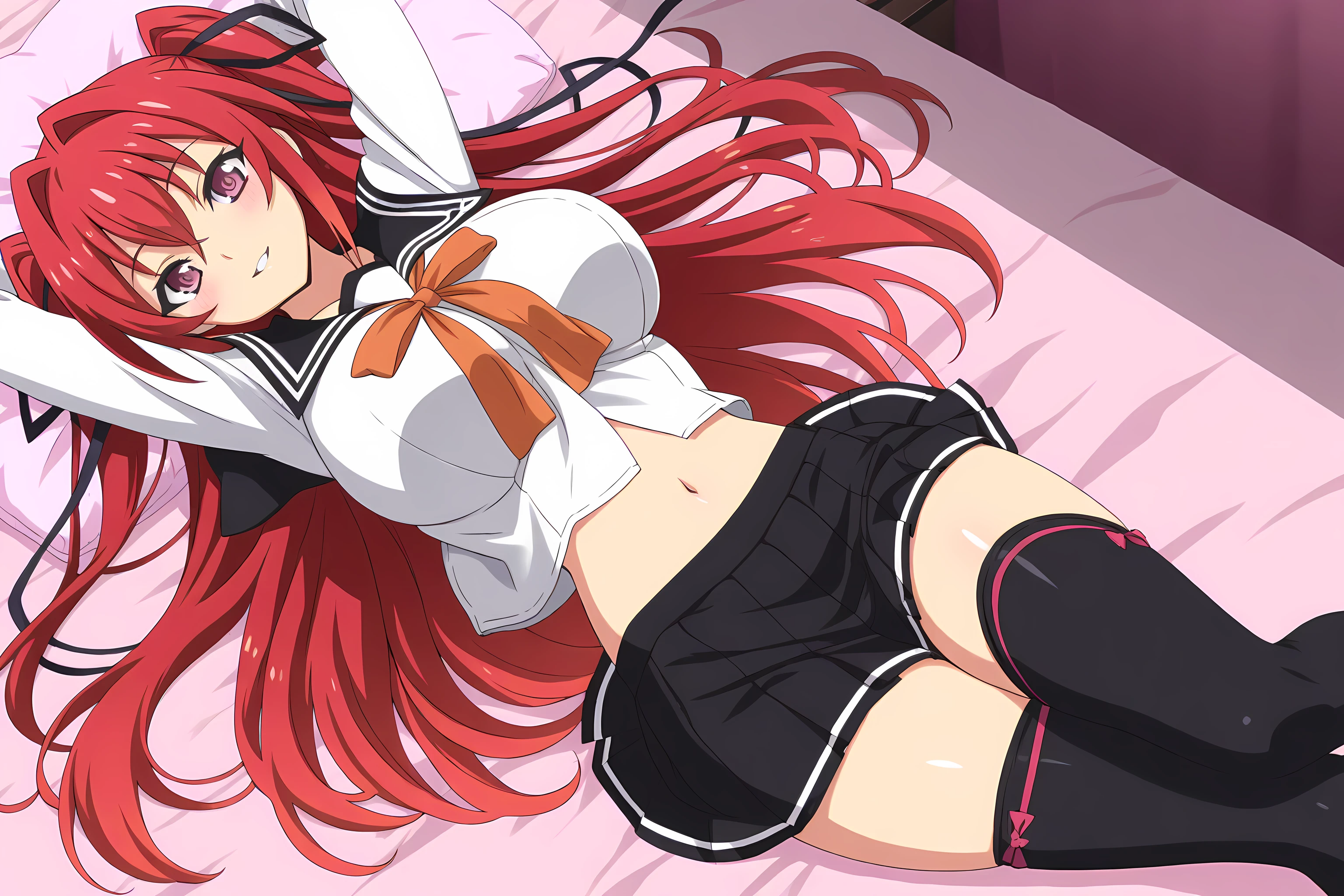 naruse_mio, 1girl, solo, thighhighs, long hair, skirt, red hair, black thighhighs, pillow, large breasts, zettai ryouiki, heart, pleated skirt, looking at viewer, navel, lying, ribbon, hair intakes, arms up, very long hair, on back, hair ribbon, smile, arms behind head, shirt, anime coloring, seductive smile, parted lip <lora:Naruse_Mio:1>, (masterpiece),(best quality),(ultra-detailed),(best illustration),(best shadow),(absurdres),(detailed background),(very aesthetic),