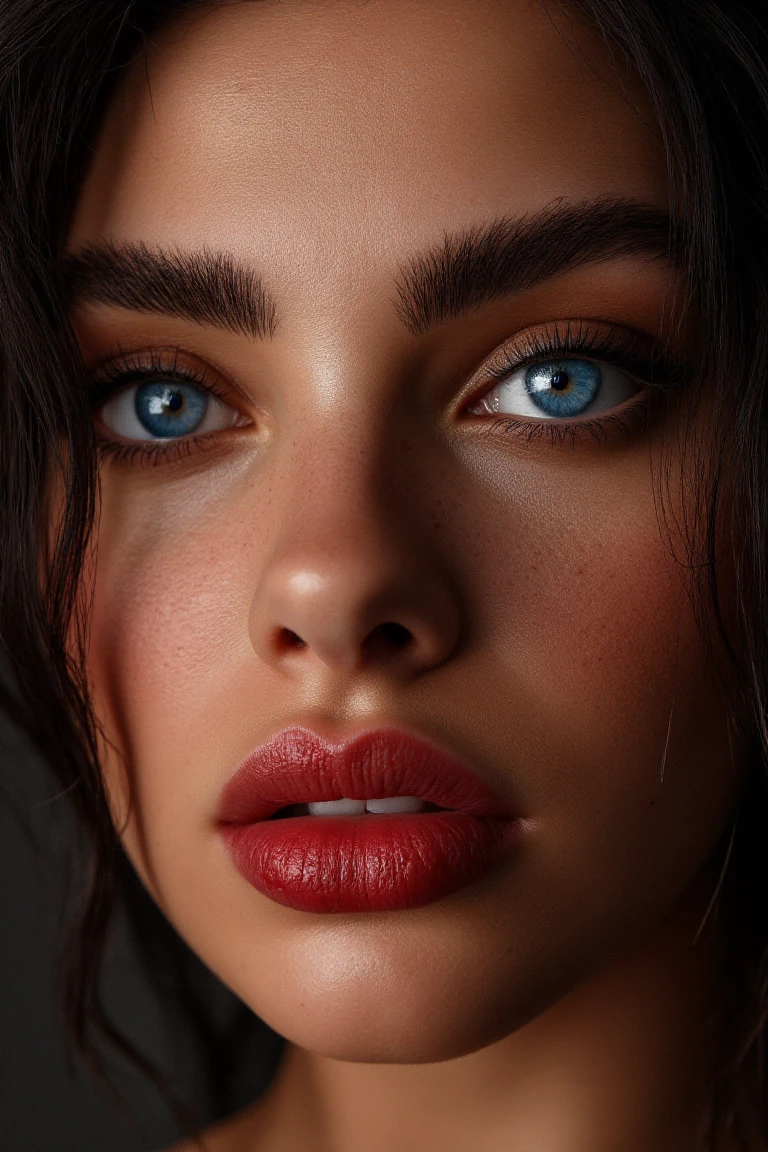 The image is a high-resolution fine-art shoulders photography  of a woman's face,skinhairs,beautiful pale blue eyes reflect a fierce resolve,shining with both quiet strength and an underlying vulnerability. Soft beads of sweat cling to her flawless,pale skin,subtly glowing in the dramatic side lighting that enhances every detail. The lighting casts intricate shadows across her face,highlighting the contours of her high cheekbones and the softness of her lips,which tremble slightly with tension,rich skin.,((film grain)),((skin texture:1.4))Vibrant Glow,warm shadows,striking features. dramatic winged eyeliner that extends outward in a sharp,precise line. Her eyelashes are long and voluminous,enhanced with mascara. Her complexion has a radiant,glowing sheen,natural skin health. Her skin is flawless,with a smooth,slightly dewy texture and a natural,Her skin is smooth and glowing,with a subtle sheen that suggests makeup or natural highlights. Her eyebrows are well-groomed and thick,accentuating her piercing blue eyes.a striking shade of honey brown,accentuated by long,thick,dark eyelashes.,
makeup,skin texture,<lora:TW_Makeup:1>,red lipstick,<lora:skin_4:0.4>,Detailed natural skin and blemishes without-makeup and acne,