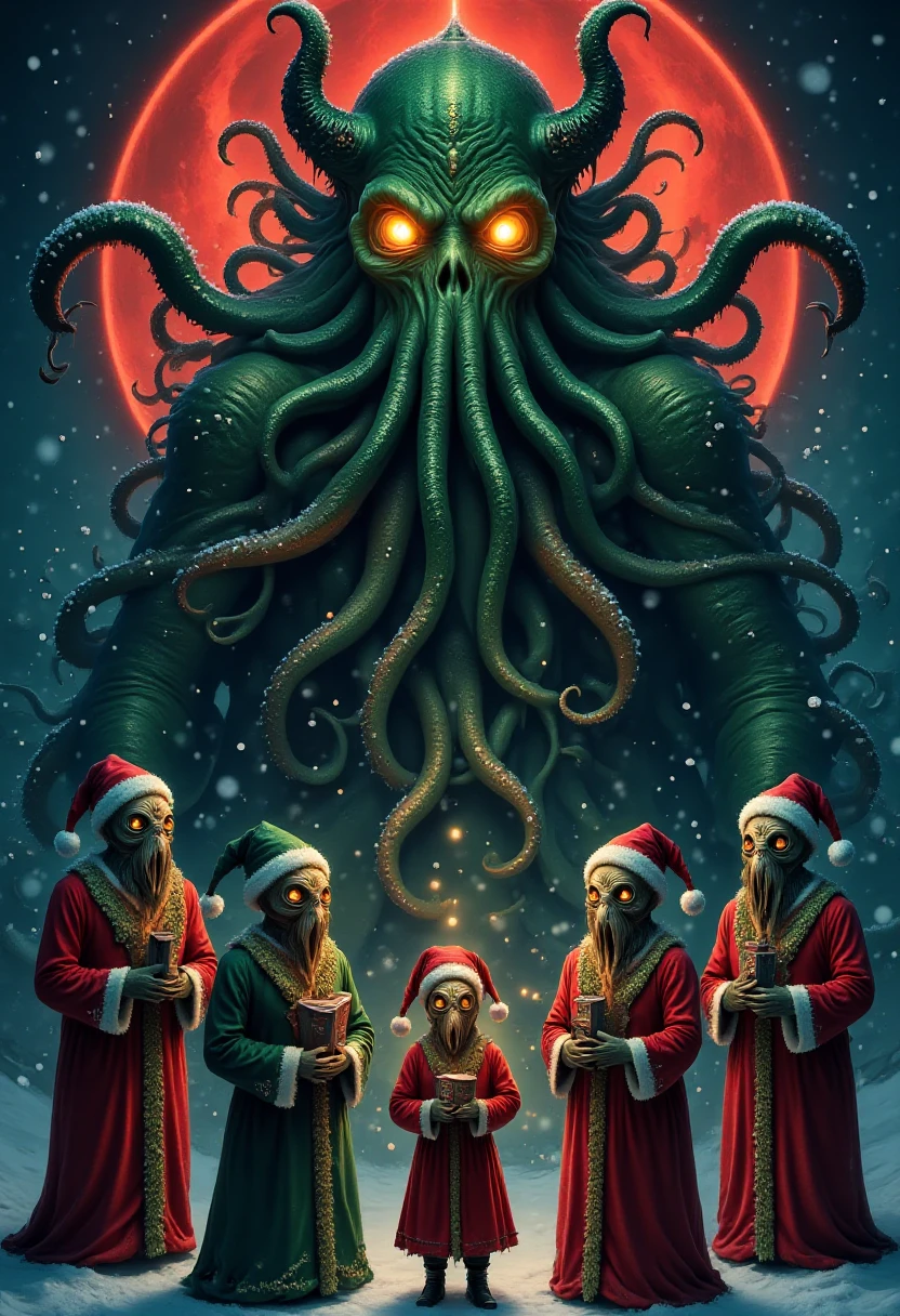 CthulhuChristmas A group of carolers in festive attire, their faces hidden by strange, intricate masks, chant an ancient, guttural song under a blood-red moon. Behind them, a colossal figure of Santa Cthulhu begins to take form, his glowing eyes piercing through the falling snow as his tentacles twist like garlands. Style: ominous and ritualistic, with a focus on surreal, otherworldly details.