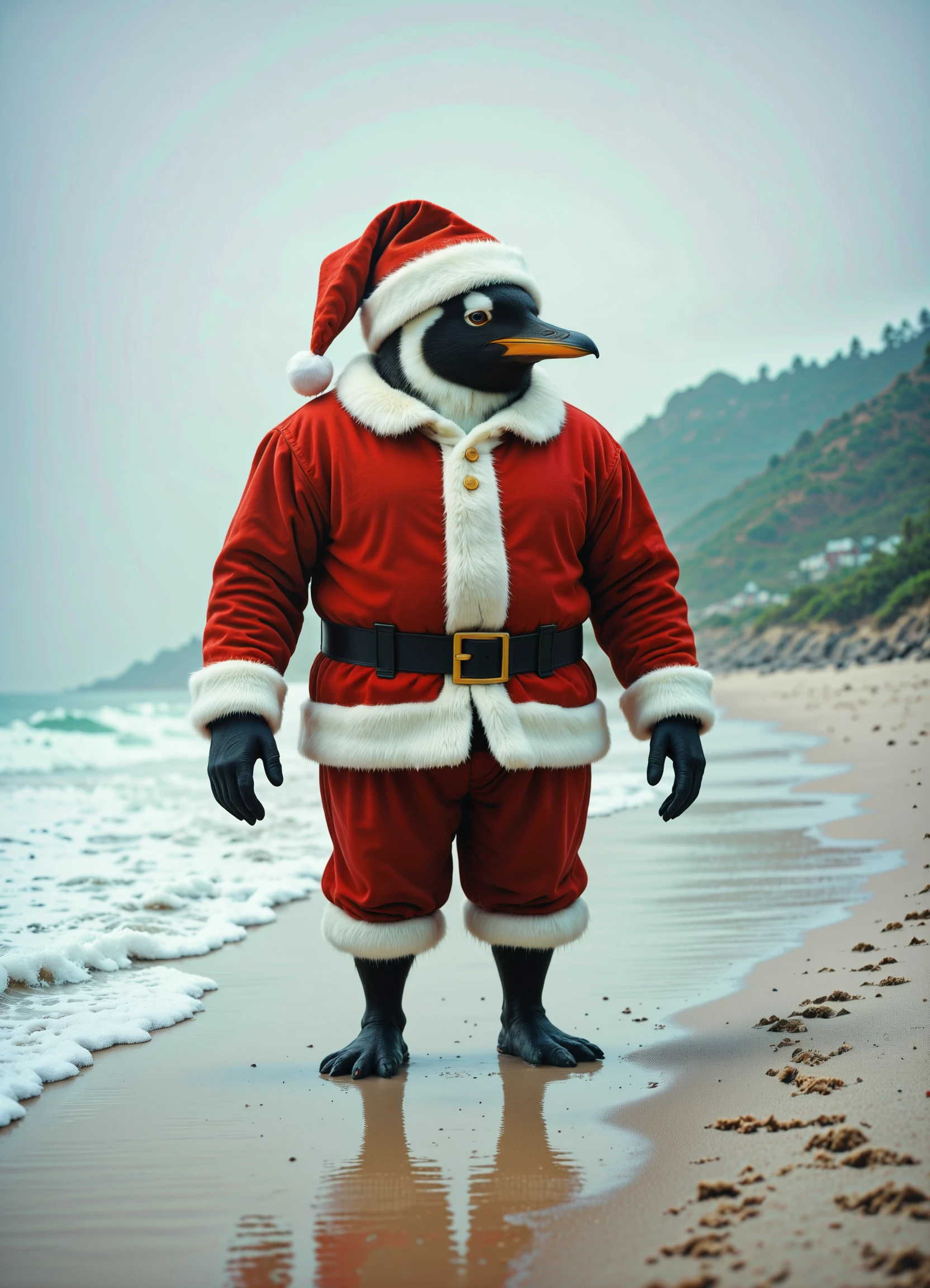 <lora:Santa_Penguin_SDXL:1> s4nt4p3ngu1n, santa hat,santa suit, standing on sandy beach