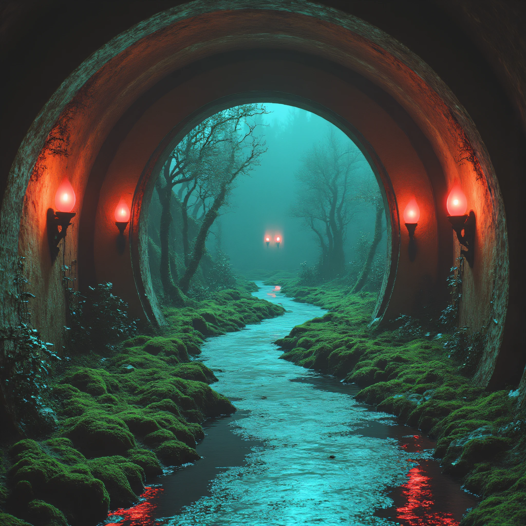 ArsMovieStill, movie still from a technicolor 1940s cyberpunk film, The image shows a tunnel with a path winding through it surrounded by lush green plants and illuminated by a few lights., no humans, scenery, water, nature, plant, tree, vines, reflection, moss, forest