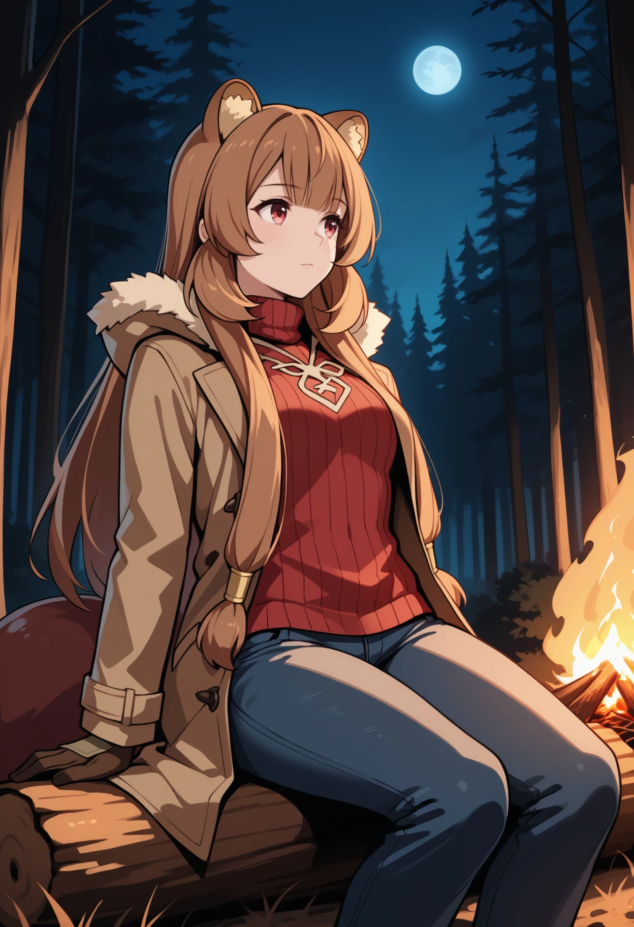 masterpiece, best quality, solo, 1girl, rphtldef, raccoon tail, expressionless, looking away, sitting on log, arm support, long hair, brown hair, sidelocks, raccoon ears, animal ear fluff, red eyes, brown coat, fur-trimmed hood, open coat, long sleeves, brown gloves, red sweater, ribbed sweater, turtleneck, jeans, outdoors, night, forest, campfire, moon
<segment:yolo-Anzhc Face seg 640 v2 y8n.pt,0.4,0.5//cid=1>