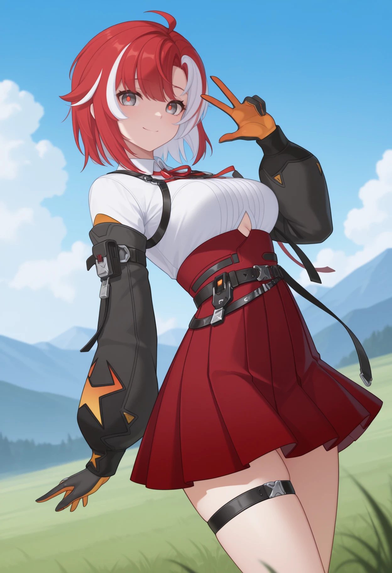 masterpiece, best quality, solo, 1girl, e1ka, smile, looking at viewer, standing, arm behind back, w, short hair, streaked hair, red hair, white hair, ahoge, grey eyes, red pupils, white shirt, collared shirt, underboob cutout, neck ribbon, red ribbon, chest harness, long sleeves, black sleeves, detached sleeves, two-tone gloves, black gloves, orange gloves, red skirt, pleated skirt, high-waist skirt, black belt, thigh strap, outdoors, blue sky, cloud, grass, scenery, mountainous horizon
<segment:yolo-Anzhc Face seg 640 v2 y8n.pt,0.4,0.5//cid=1>