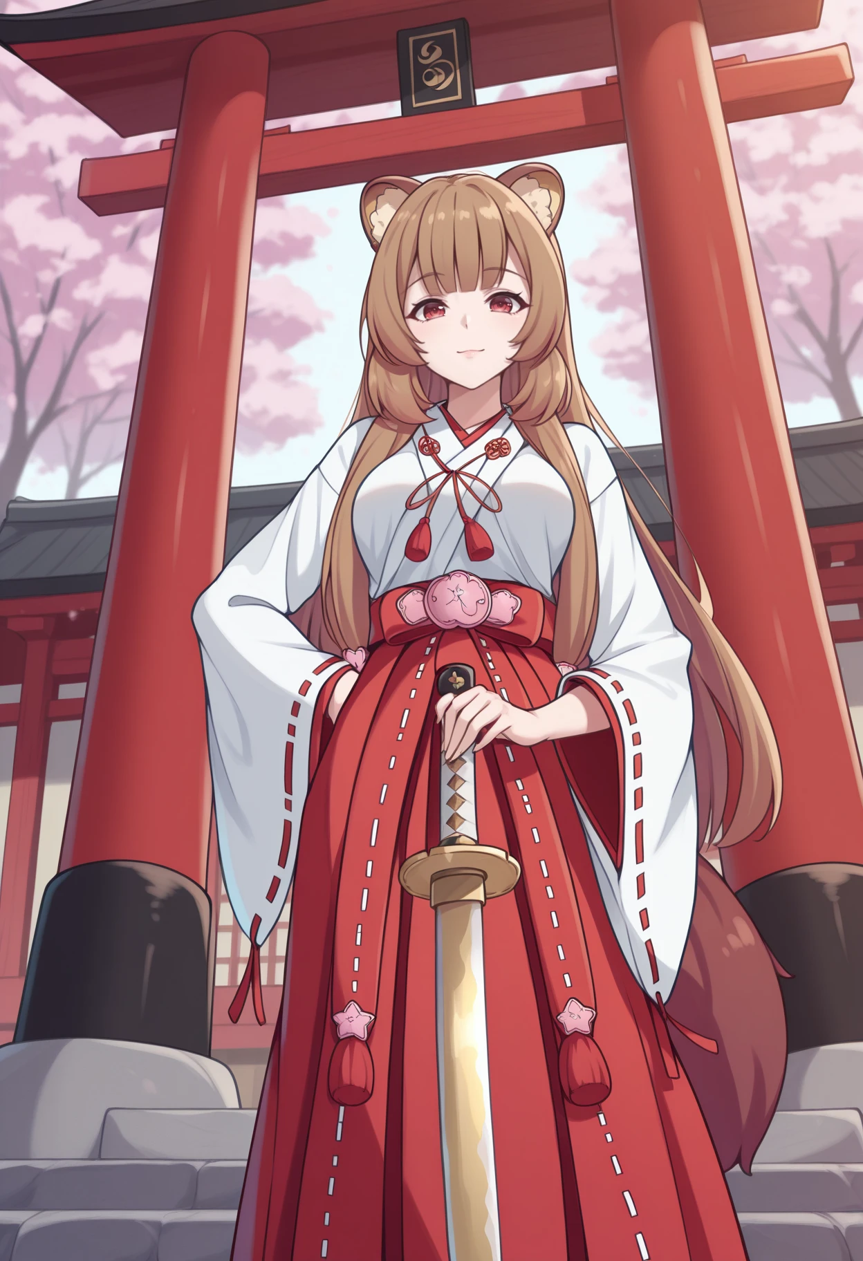 masterpiece, best quality, <break> foreshortening, solo, 1girl, rphtlkatana, raccoon tail, slight smile, looking at viewer, standing, planted sword, katana, hand on own hip, long hair, brown hair, raccoon ears, animal ear fluff, red eyes, miko, japanese clothes, white kimono, long sleeves, wide sleeves, ribbon-trimmed sleeves, red hakama, hakama skirt, outdoors, east asian architecture, cherry blossoms
<segment:yolo-Anzhc Face seg 640 v2 y8n.pt,0.4,0.5//cid=1>