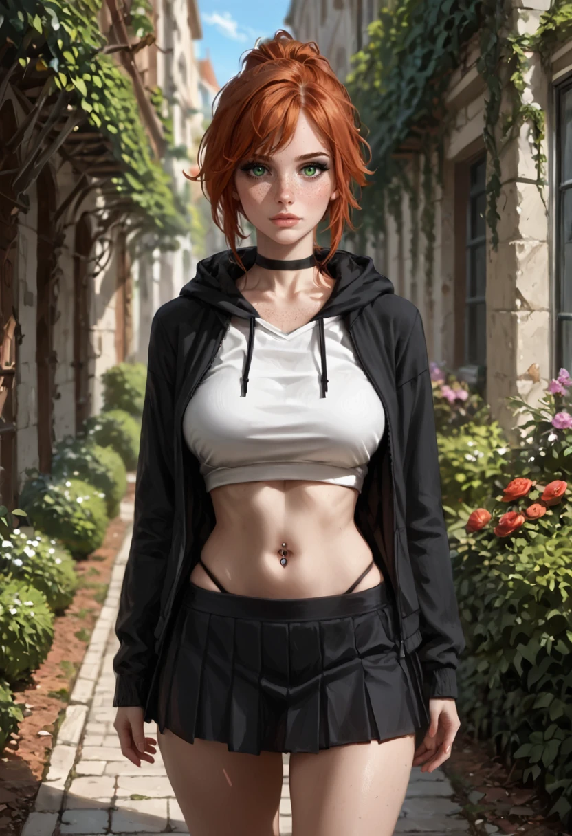 safe_pos, PonyScores7 BREAK [white|Asian], [Susan|Laura|Jane|Nadine], 1girl, 30 year old, fit, woman, short auburn ponytail, freckles, green eyes, black eyeliner, philtrum, beautiful eyelashes, (saggy), medium breasts BREAK walking BREAK relaxed, Expressiveh BREAK black choker, hoodie, high-leg panties, skirt, belly piercing BREAK garden, sundown BREAK photorealistic, realistic, portrait, intricate details, detailed face, detailed eyes, realistic skin, detailed hair, natural lighting BREAK CalmFD, Stable_Yogis_PDXL_Positives, <lora:abs slider_last:0.1>, <lora:breasts_size_slider_pdxl_goofy:1>, <lora:Calmlike_V3:1>, <lora:Expressive_H:0.75>, <lora:Super_Multi_Detailer_By_Stable_Yogi_A1:0.8>, <lora:Super_Skin_Detailer_By_Stable_Yogi_PD0_V1:0.8>