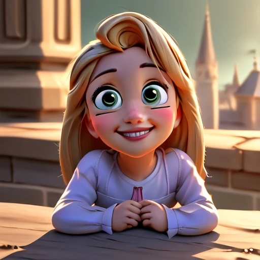 Garota, flowing golden blonde hair, olhos verdes, roupa imperial black. The background is a clear sky with twinkling lights, Dynamic angle, riso contagiante.