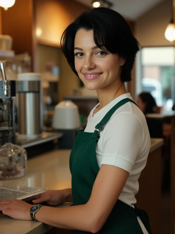 belladonna,  a woman with short black hair. She wears a starbucks uniform and serves coffe in a starbucks<lora:Belladonna-step00001000:0.9>