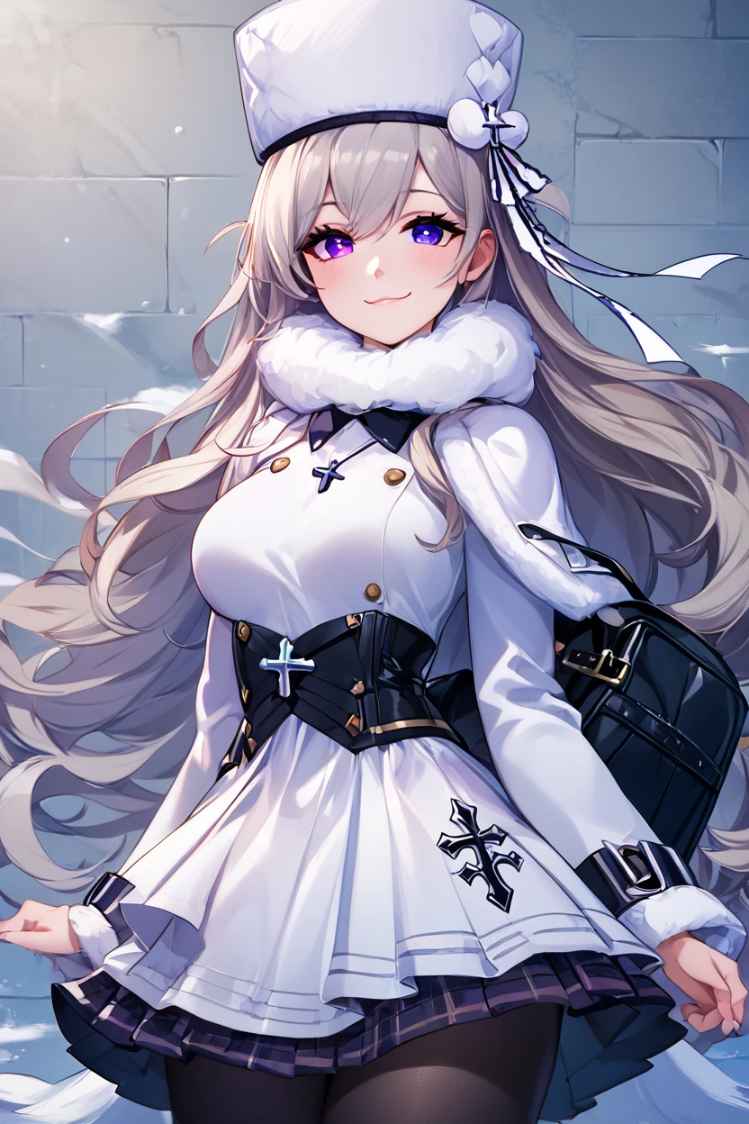 score_9, score_8_up, score_8, medium breasts, (curvy), cute, eyelashes, ,,, , ,,, zzMurmansk, long hair, purple eyes, heterochromia, blue eyes, bangs, grey hair, hat, white headwear, cross necklace, fur-trimmed dress, white dress, papakha, black pantyhose, long sleeves, black belt, white coat, capelet, winter coat, <lora:Murmansk_Azurlane_PDXL:1.0>, ,,,, BREAK, closed mouth, alternate costume, smile, looking at viewer, collared shirt, blush, sweater, black skirt, eyelashes, long sleeves, sleeves past wrists, plaid skirt, shoulder bag, black bag, blurry, tile floor, pleated skirt, white shirt, cowboy shot, ,,, embedding:zPDXL, Expressiveh, ,,, <lora:Vivid:0.7>, <lora:Uncensored_PonyXL_cpt_v02.09:0.4>, <lora:Expressive_H-000001:0.4>,