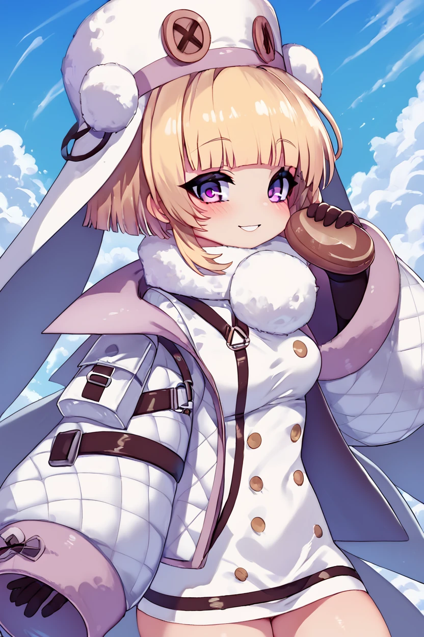 score_9, score_8_up, score_8, medium breasts, (curvy), cute, eyelashes,       BREAK, , ,,, zzGrozny, purple eyes, blonde hair, short hair, black gloves, long sleeves, hat, coat, fur trim, white headwear, fur hat, jacket,  <lora:Grozny_AzurLane_PDXL:1.0>,  ,,,, BREAK, smile, looking at viewer, cowboy shot, ,,, embedding:zPDXL, Expressiveh, ,,, <lora:Zankuro_Style_PDXL:0.8> <lora:SDXLFaeTastic2400:0.5>, <lora:Expressive_H-000001:0.4>,