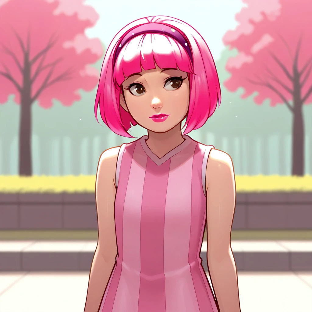 masterpiece, best quality, Stephanie, high quality, 1girl, solo, pink hair, short hair, brown eyes, lipstick, headband, striped dress, sleeveless, upper body,     <lora:Stephanie_LazyTown_ClipArt_illustrious_Leaf1:1>, depth of field, outdoors, arms at sides,