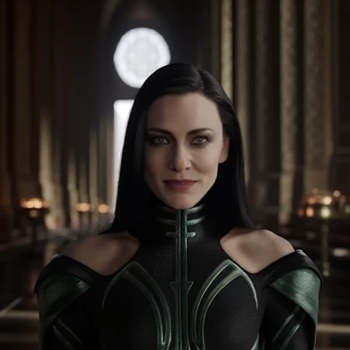 intricate, giving her a dramatic appearance. Her skin is fair and smooth. She has a slender, high-ceilinged architecture, high-tech, and a high collar. Her attire includes a flowing, suggesting a strong, Hela. The image is a high-resolution photograph from a movie, giving a sense of deep thought or concentration., straight dark hair and fair skin. She has striking features with high cheekbones