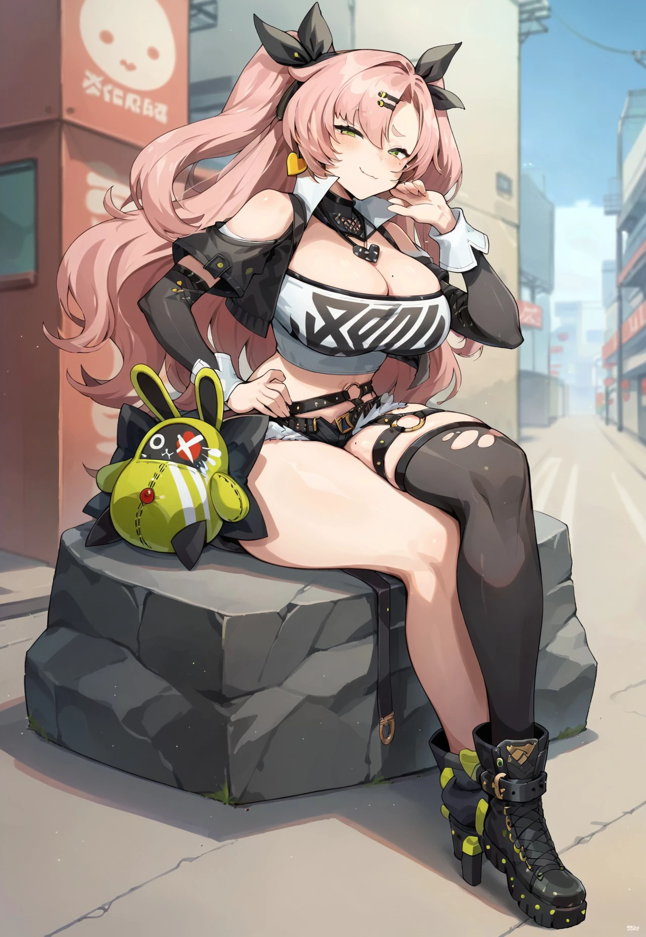 safe_pos, score_9, official look style, nicole demara-pxl, pink hair, long hair, two side ups, asymmetrical bangs, two black hairclips, black hair ribbons, green eyes, yellow heart earrings, mole under eye, huge breasts, thick thighs, wide hips, default outfit, white tubetop with black text, cleavage, mole on breast, strapless, midriff, black cropped jacket, shoulder cutouts, bare shoulders, short jacket sleeves, black elbow gloves, wrist cuffs, silver heart necklace, black turtleneck, white jacket collar, black fur-trimmed shorts, tiny shorts, gold spiked o-ring waist strap, gold spiked o-ring thigh strap, single torn thighhigh, single thighhigh, thighhigh on right leg, single sock, boots, crossed legs, green amallion doll on waist, green amallion doll, looking at viewer, smile, closed mouth, blush, smug, half closed eyes, hand on hip, solo, solo female, street, full body, sitting on rock, 