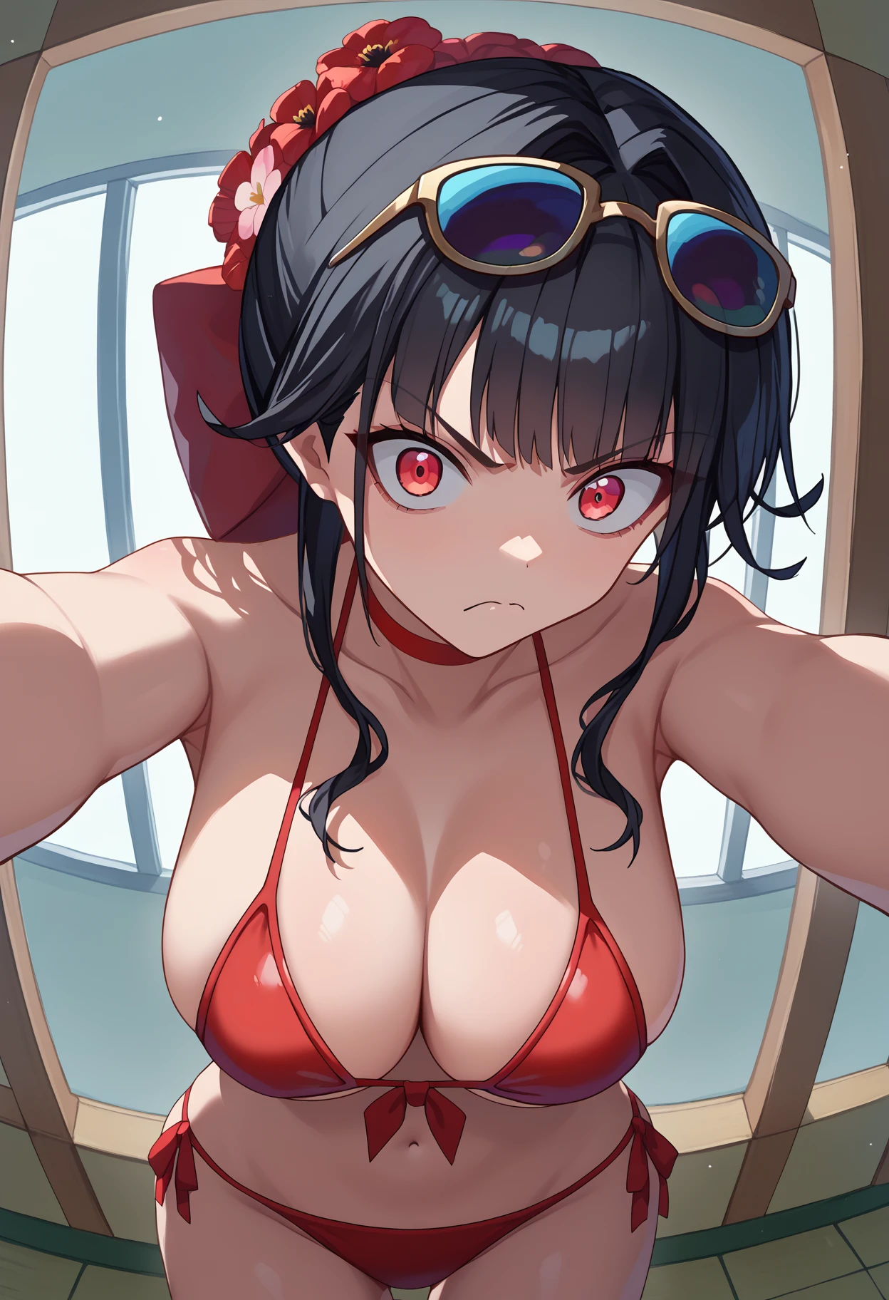 score_9, score_8_up, score_7_up, source_anime,
BREAK
1girl, solo, 
<lora:sakura-nikke-richy-v1_pdxl:0.8> skrsum, red eyes, black hair, bangs, hair flower, hair bow, red bow, eyewear on head, large breasts, cleavage, red choker, red bikini, side-tie bikini bottom,
<lora:shiFisheyeV1:1>, shifisheyedoor, fishdoorpov, fisheye,
looking at viewer, angry, wide-eyed, staring,