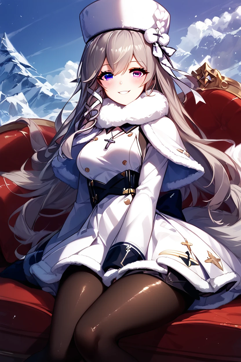 score_9, score_8_up, score_8, medium breasts, (curvy), cute, eyelashes, ,,, , ,,, zzMurmansk, long hair, purple eyes, heterochromia, blue eyes, bangs, grey hair, hat, white headwear, cross necklace, fur-trimmed dress, white dress, papakha, black pantyhose, long sleeves, black belt, white coat, capelet, winter coat, <lora:Murmansk_Azurlane_PDXL:1.0>, ,,,, BREAK, ,,, smile, looking at viewer, blush, blurry, couch, sitting, ,,, shiny skin, <lora:ProAnime_PDXL_v1:0.7>, ,,, embedding:zPDXL, Expressiveh, <lora:SDXLFaeTastic2400:0.5>, <lora:Expressive_H-000001:0.4>,