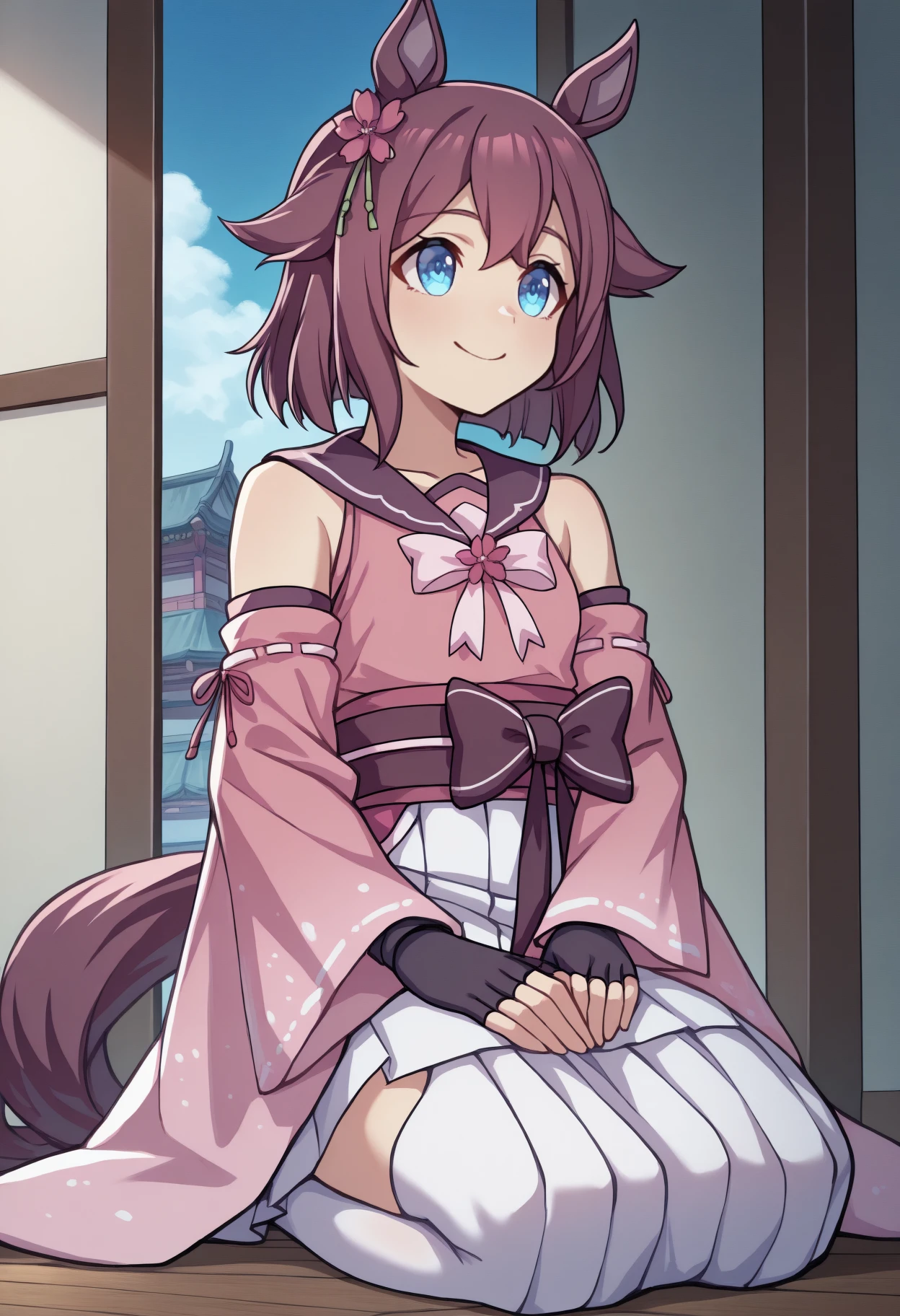 anime, masterpiece, best quality, full body, solo, 1girl, schyndef, horse tail, smile, looking away, on floor, wooden floor, seiza, hands on lap, medium hair, pink hair, hair flaps, hair flower, animal ears, blue eyes, japanese clothes, pink kimono, sailor collar, sash, obi, pink sleeves, detached sleeves, wide sleeves, black gloves, fingerless gloves, white skirt, pleated skirt, hip vent, white thighhighs, bare shoulders, collarbone, east asian architecture, blue sky, cloud, sunlight
<segment:yolo-Anzhc Face seg 640 v2 y8n.pt,0.4,0.5//cid=1>