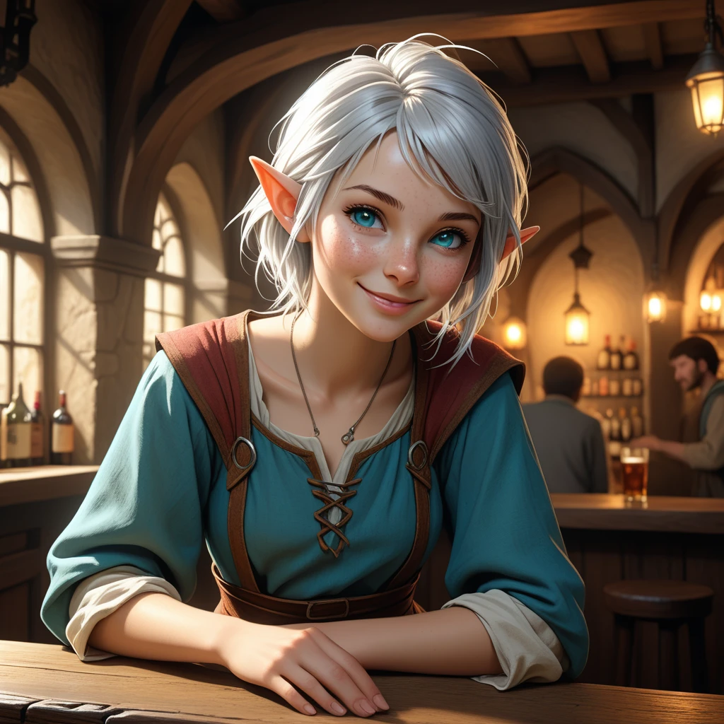 BG3HEF, score_9, score_8_up, score_7_up, score_6_up, score_5_up, source_photo, rating_safe, RAW photo, (masterpiece:1.3), subsurface scattering, heavy shadow, (high quality:1.4), (intricate, high detail:1.2), professional photography, HDR, High Dynamic Range, realistic, ultra realistic, photorealistic, high resolution, film photography, ambient lighting, atmospheric effects, <lora:detail_slider_v4:2>, OverallDetail, tunic, in a medieval bar, silver hair, short messy hair, freckles, piercing, turquoise eyes, soft shading, bright colors, smiling, dynamic pose, - Test prompt, pointy ears <lora:half-elf_ears:0.8> half-elf ears