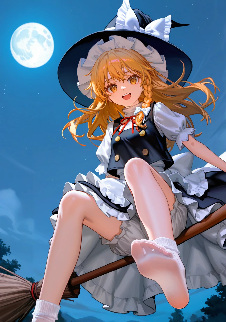 (ningenmame:0.95),(ciloranko:0.95),(shosho_lwlw:0.95),(tianliang_duohe_fangdongye, as109:0.9), 1girl, solo, kirisame marisa, touhou, blonde hair, long hair, braided sidelock, yellow eyes, witch hat, hat bow, white bow, black tabard, white turtleneck sweater, neck ribbon, red ribbon, black skirt, white bloomers, broom riding, foot focus, foreshortening, soles, :d, night, full moon, darkness, treetops, best quality, amazing quality, very aesthetic, absurdres,( see-through socks), toes