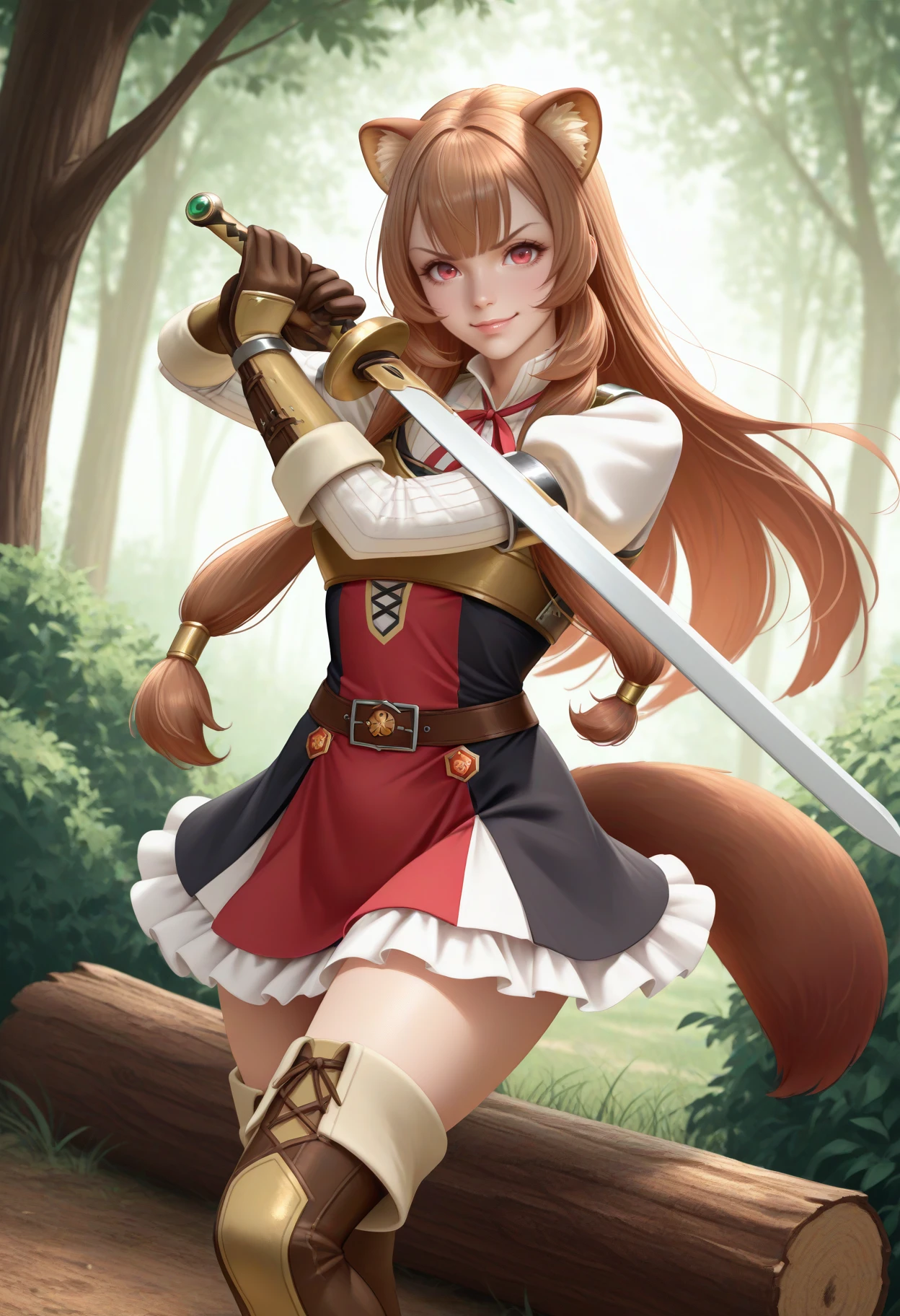 masterpiece, best quality, realistic, <break> solo, 1girl, rphtldef, raccoon tail, smile, looking at viewer, standing, fighting stance, holding sword, long hair, brown hair, sidelocks, raccoon ears, animal ear fluff, red eyes, v-shaped eyebrows, armor, short dress, two-tone dress, black dress, red dress, sleeveless dress, brown belt, white shirt, ribbed shirt, neck ribbon, red ribbon, juliet sleeves, sleeve garter, brown gloves, white skirt, frilled skirt, brown footwear, thigh boots, outdoors, tree, bush, log, sunlight
<segment:yolo-Anzhc Face seg 640 v2 y8n.pt,0.4,0.5//cid=1>