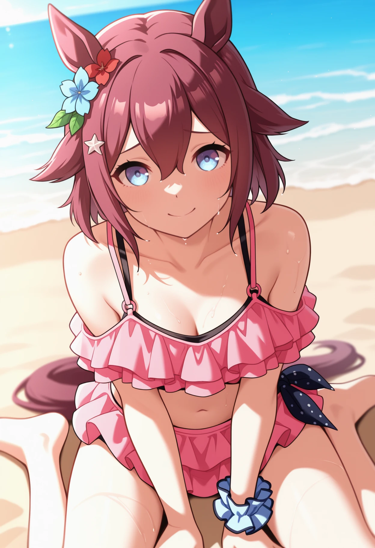 masterpiece, best quality, <break> solo, 1girl, schynhearts, horse tail, wet, smile, looking at viewer, on ground, wariza, pink hair, hair between eyes, hair flaps, hair flower, animal ears, blue eyes, raised eyebrows, frills, pink bikini, off-shoulder bikini, frilled bikini, wrist scrunchie, bare shoulders, collarbone, medium breasts, outdoors, beach, ocean
<segment:yolo-Anzhc Face seg 640 v2 y8n.pt,0.4,0.5//cid=1>