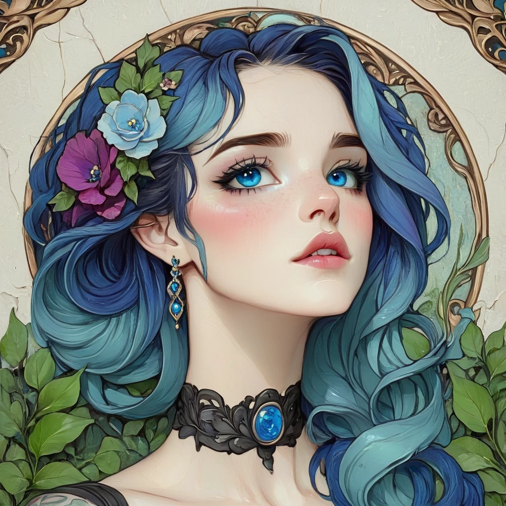 <lora:ArtNouveau2SDXL:1> ArsMJStyle, art nouveau,, The image shows a woman with blue hair and flowers in her hair surrounded by a painting of flowers and leaves., 1girl, solo, flower, blue eyes, earrings, jewelry, parted lips, portrait, multicolored hair, blue hair