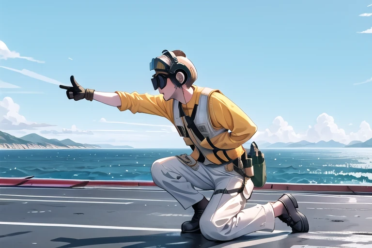 ((male focus)), ((helmet)), ((goggles)), aircraft carrier, catapult officer, pointing forward, 1boy, one knee, kneeling, pants, vest, gloves, short hair, leaning forward, ship deck, control tower, from side, cloudy sky, sky, scenery, wide shot, no humans, motion blur, simple background, <lora:girllikeaircraftcarrier_male:0.7>