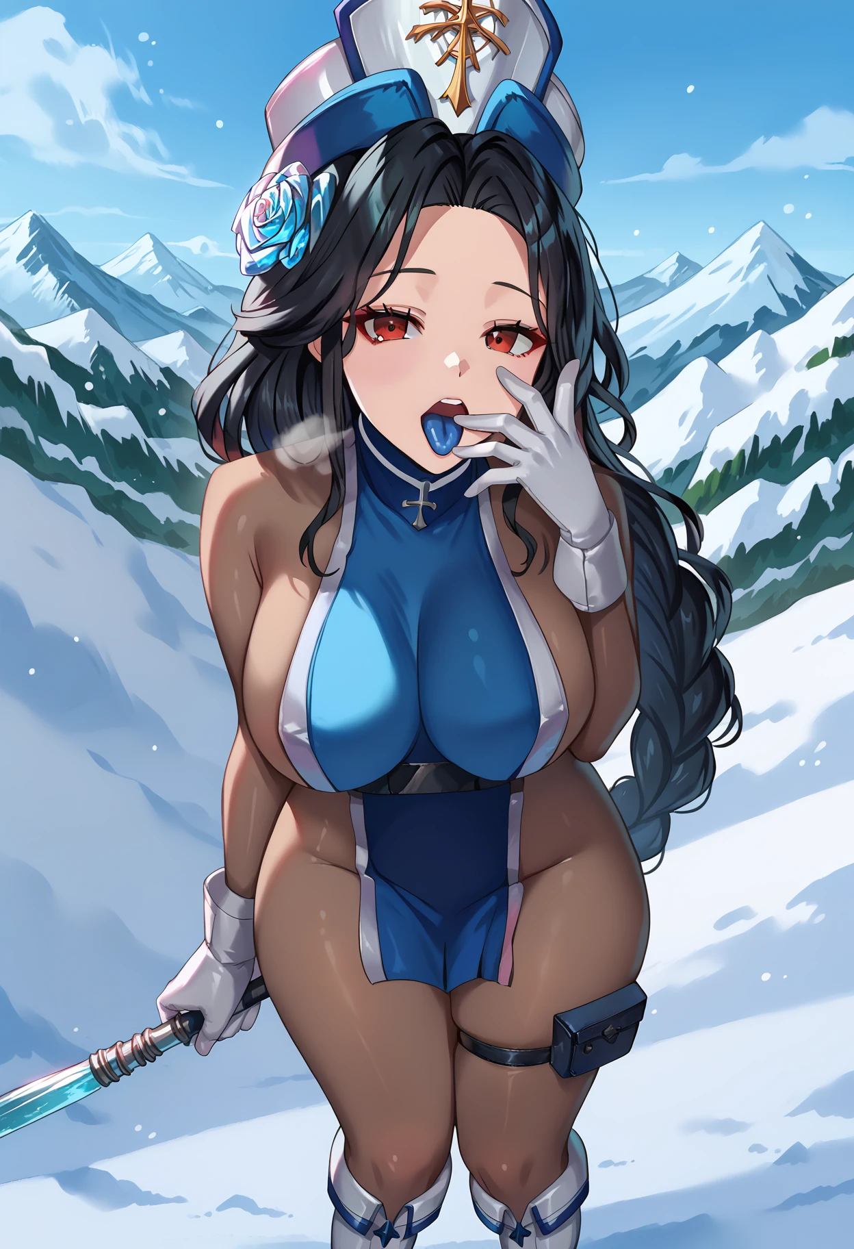 score_9, score_8_up, score_7_up, source_anime,
BREAK
1girl, solo, 
<lora:shiWinterMaidenV15:1.0>, shiwintermaiden, long hair, black hair, braided ponytail, hair ornament, white headwear, mitre, red eyes, , white footwear, bodystocking, blue dress, knee boots, thigh strap, white gloves, 
looking at viewer, open mouth, tongue out, blue tongue, outdoors, snow, 
<lora:shiFisheyeV1:1.0>, shifisheyedoor, fishdoorpov, fisheye,