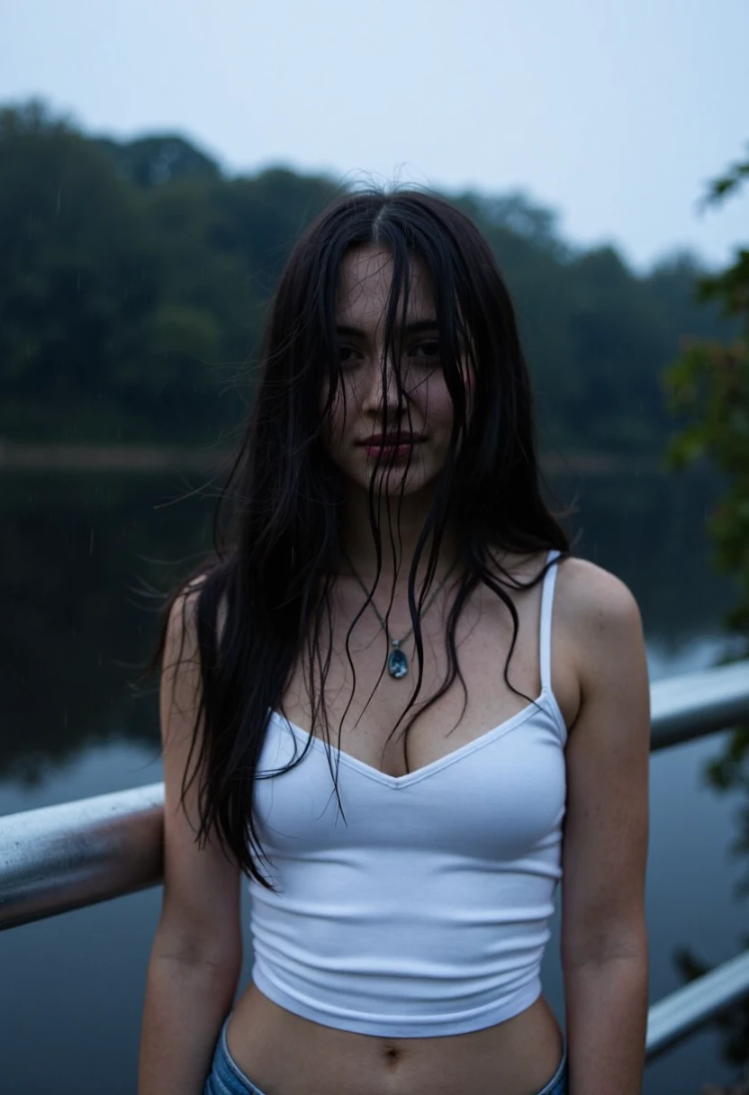 Prompt 
Young woman, wet hair partially covering face, mid-20s, slim build, fair-skinned, long dark hair, white tank top clinging due to rain, pendant necklace, standing outdoors, overcast sky, trees and water in background, railing nearby, low light, subdued ambiance, soft focus background, damp textures, evening or late afternoon lighting., 
