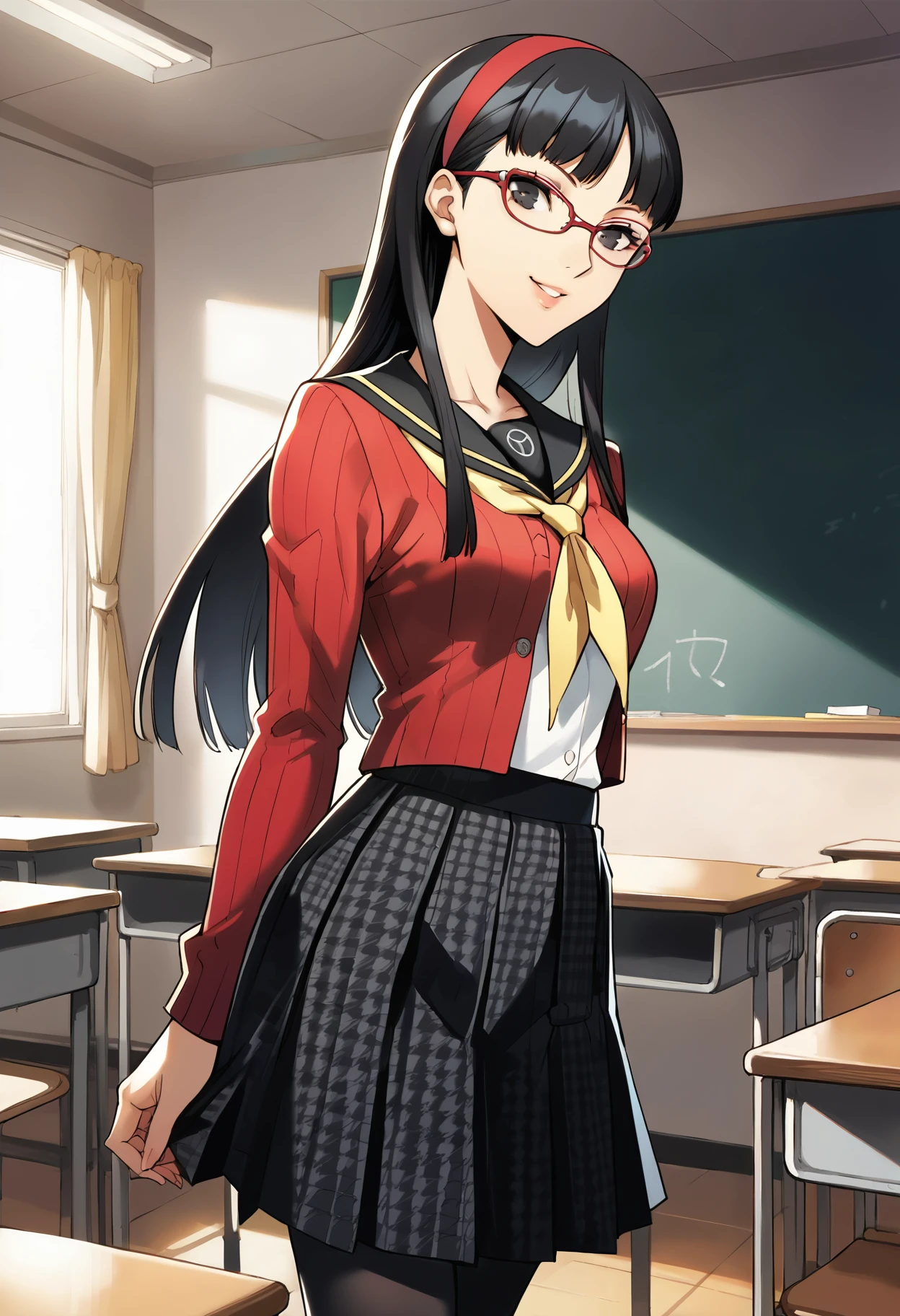 score_9, score_8_up, score_7_up, (source_anime), 1 girl, solo,
p3amagi,
Amagi Yukiko, long hair, pleated skirt, black hair, bangs, red cardigan, school uniform, hairband, serafuku, yellow neckerchief, black pantyhose, yasogami school uniform, glasses, red framed eyewear, smile,
indoors, classroom, masterpiece, best quality, ultra detailed, absurdres, very aesthetic