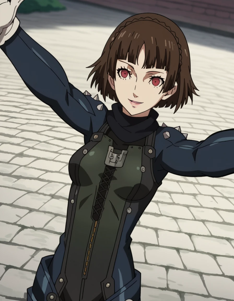 score_9, score_8_up, score_7_up, source_anime, <lora:makoto-niijima-s1-ponyxl-lora-nochekaiser:1>, makoto niijima, blunt bangs, braid, brown hair, crown braid, red eyes, short hair, medium breasts, anime screencap, biker clothes, bodysuit, gloves, scarf, shoulder spikes, spikes,, stone walkway, historic, path, cobblestone, footpath, smile, on back, arm support, arms up, incoming hug, pov, reaching, reaching towards viewer,, looking at viewer, solo,, dutch angle, cowboy shot